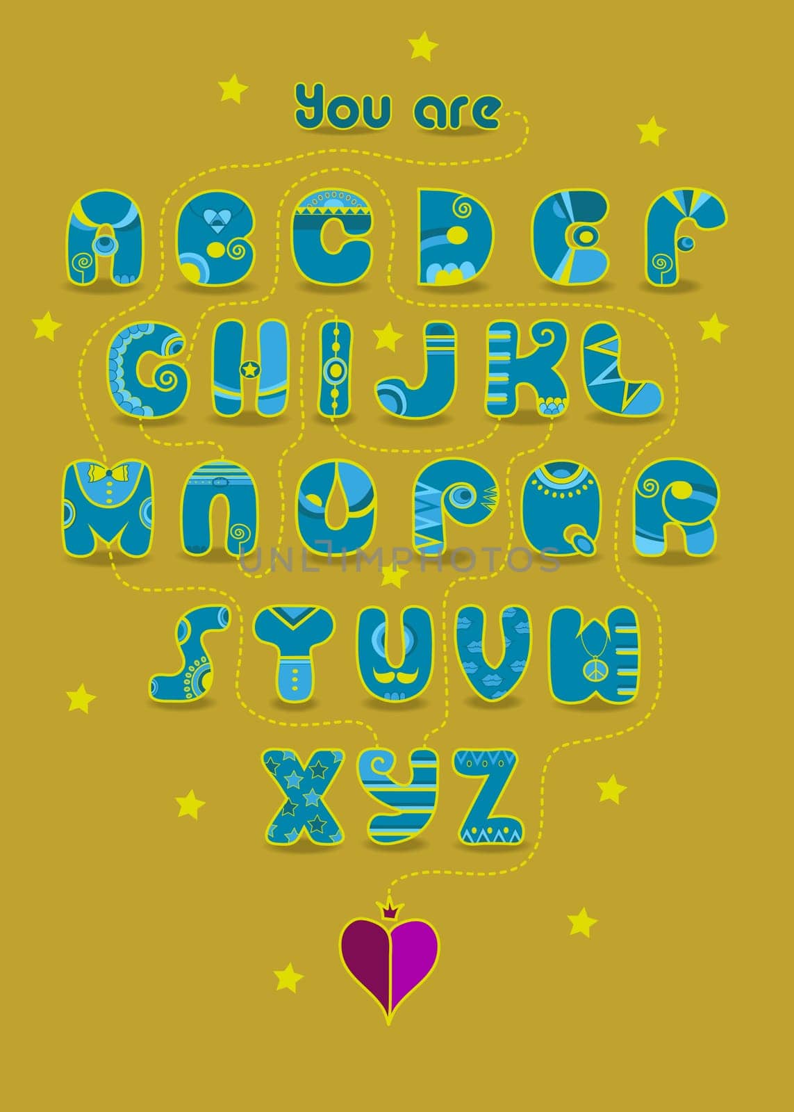 Artistic alphabet with encrypted romantic message We make a good team. Cartoon orange letters with bright decor. Funny hands looking at each other. Inscriptions - Decipher the message and Start here.  Illustration