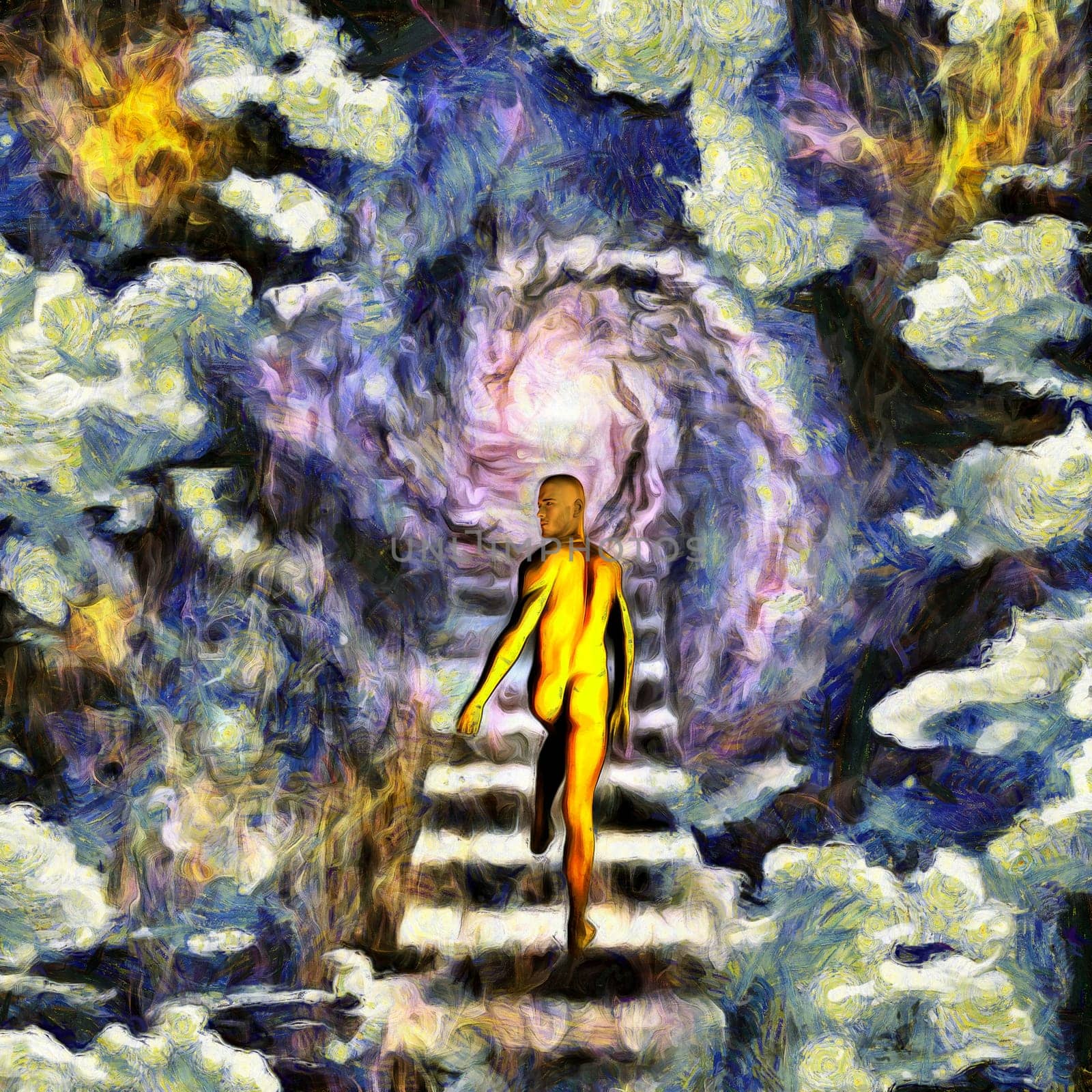 Ascension. Surreal painting. Naked man goes up on a stairway in the clouds