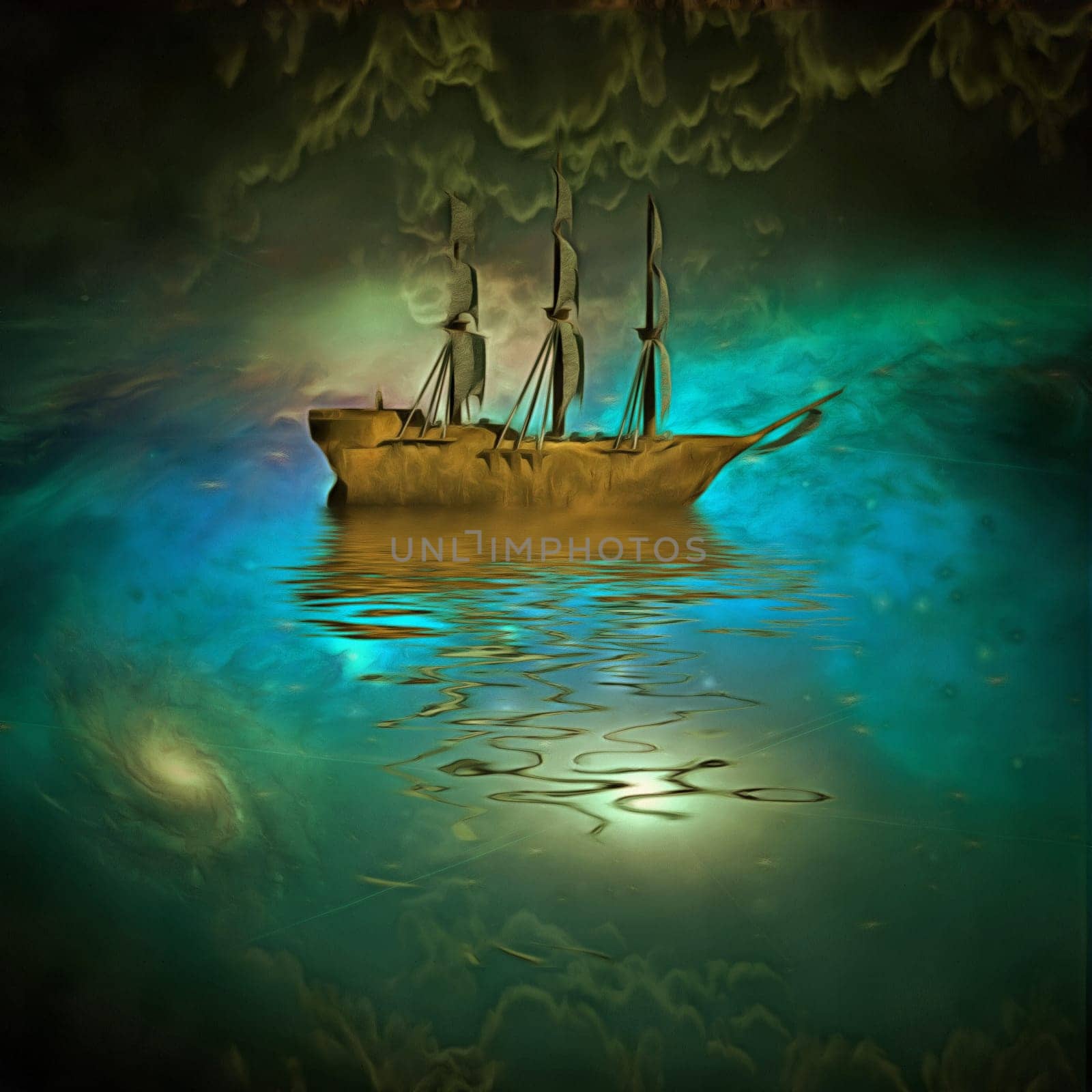 Surreal painting. Ancient ship in the sky
