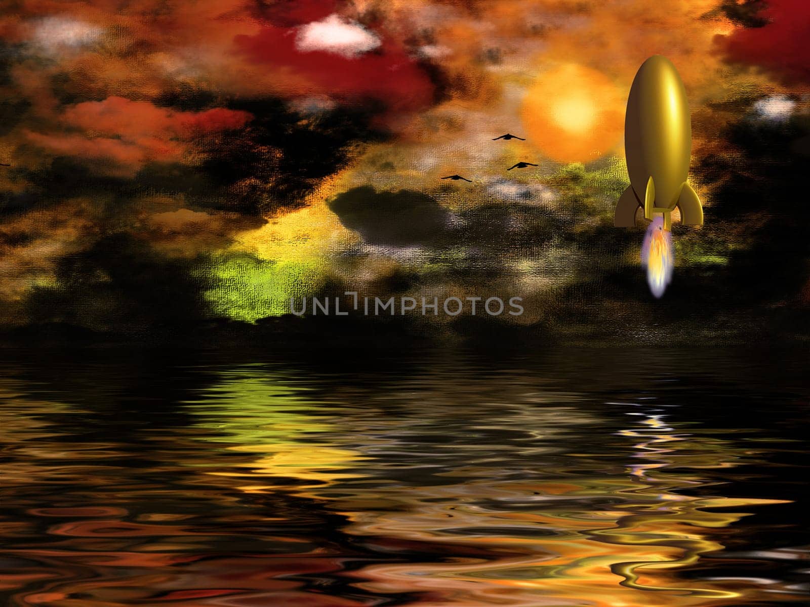 Birds flies on a vivid sunset. Rocket takes off