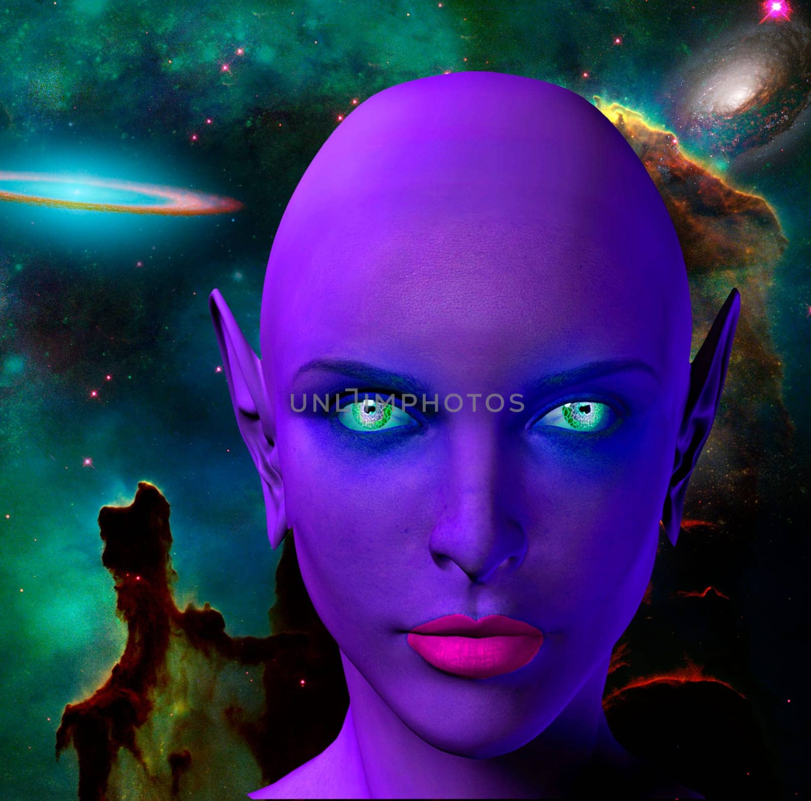 The face of female alien. Colorful universe on a background