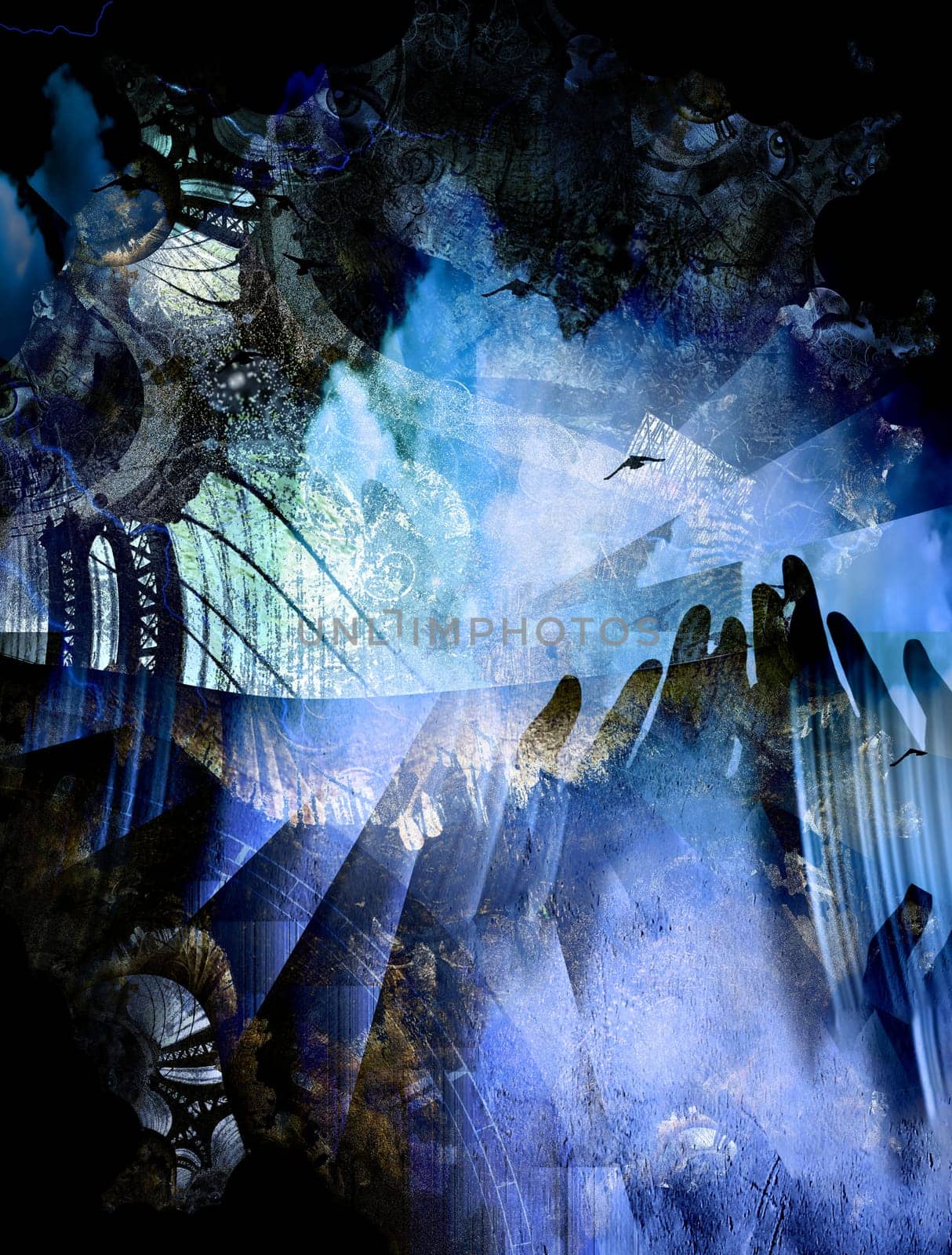 Surreal composition. Hands of prayer. Manhattan bridge. Birds. 3D rendering