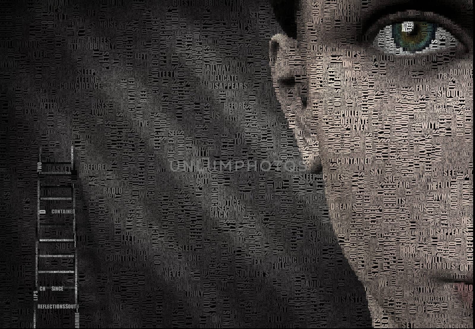 Surreal digital art. Woman's face and ladder. Picture is composed entirely of the words.