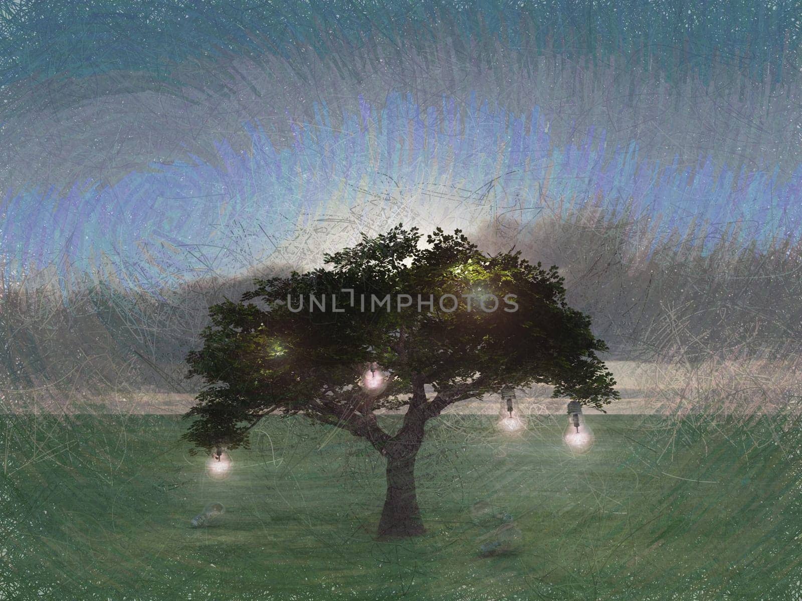Surreal digital art. Tree with light bulbs symbolizes knowledge and ideas.
