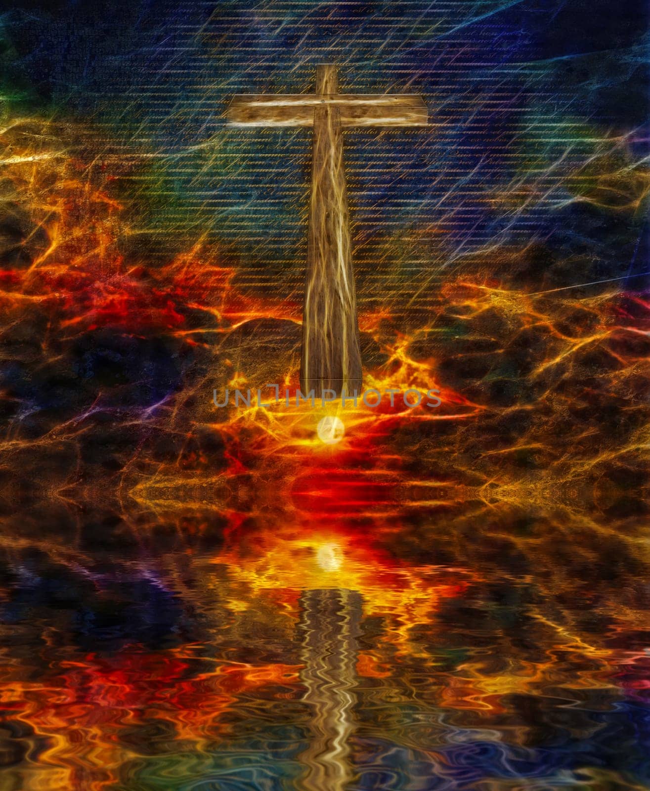 Surreal digital art. Christian cross above water surface. Vivid subset. Latin text.