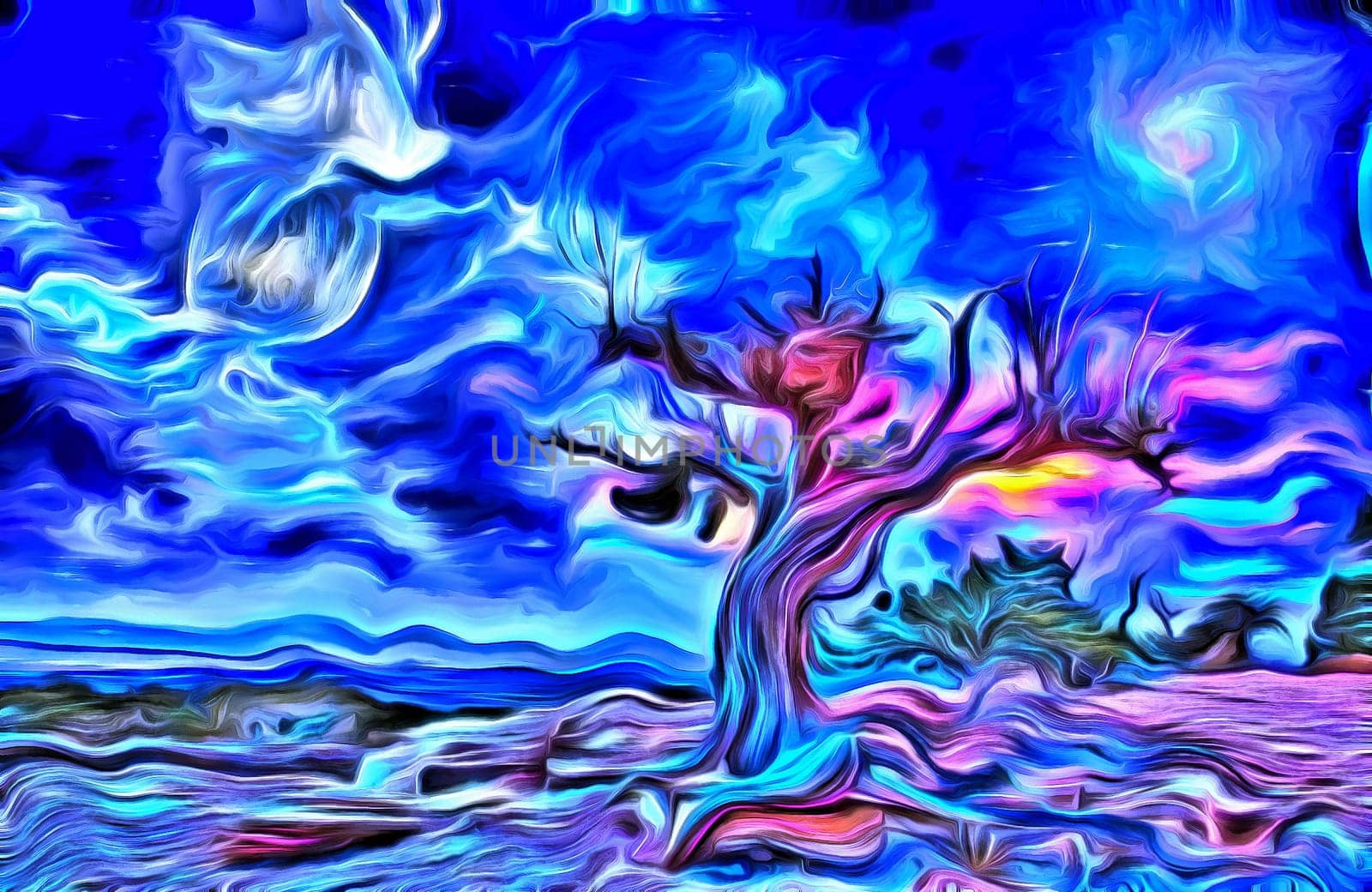 Surreal painting. Old tree, full moon and mystic clouds in the sky.