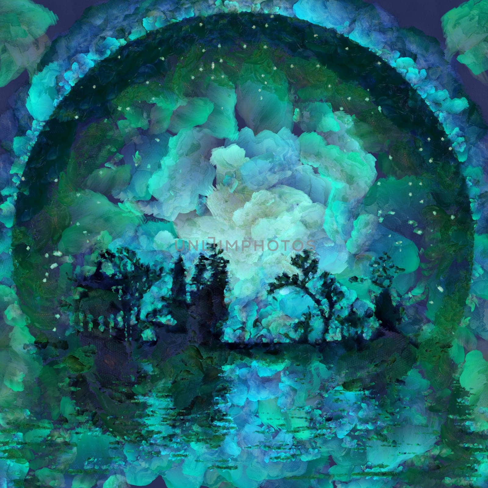 Oil painting. Asian silhouettes on waterfront. Giant moon at the horizon