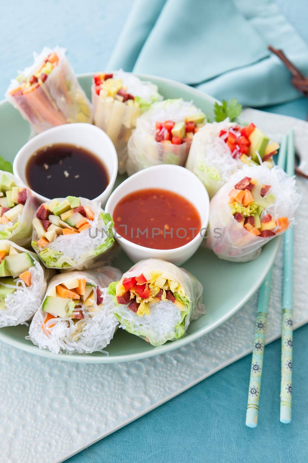 Asian spring rolls with glass noodles and fresh vegetables