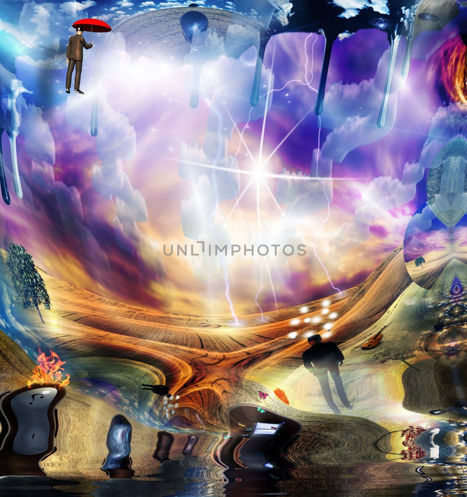 Surreal Melting Art. Men with different thoughts. Lightbulbs symbolizes ideas.