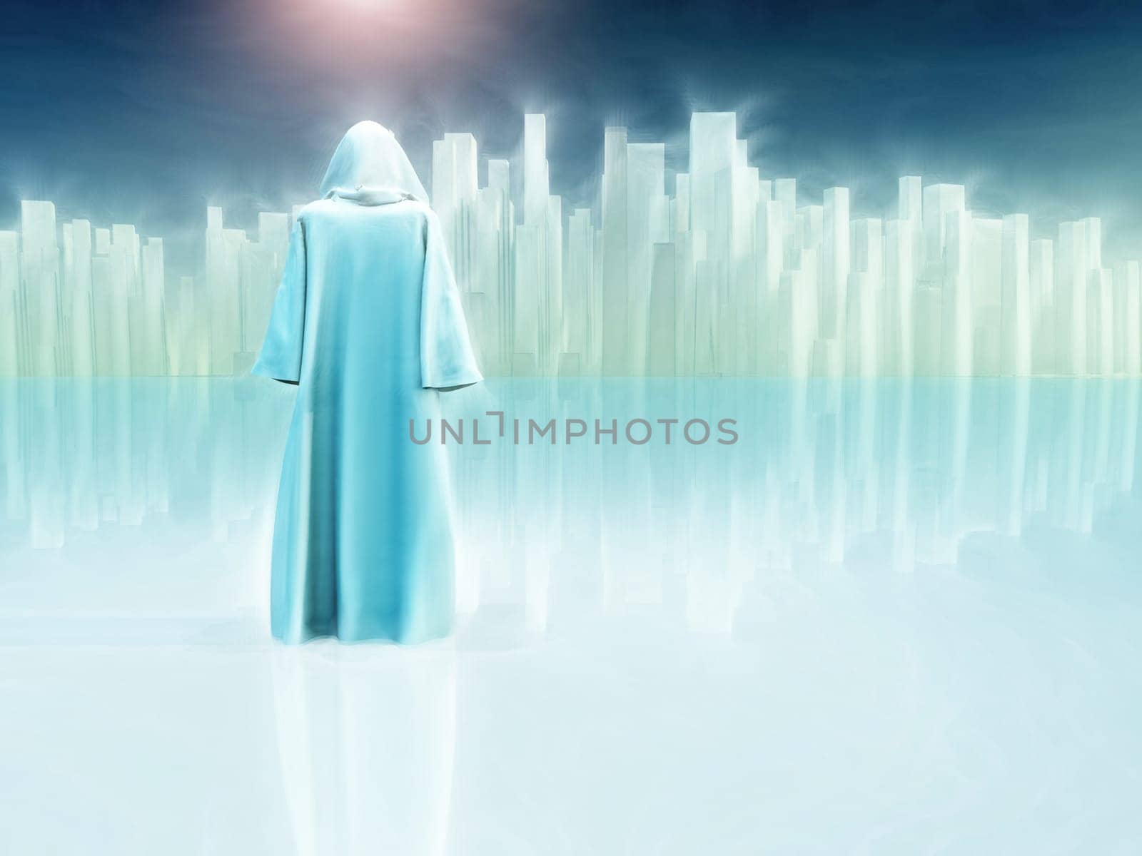 Pilgrimage. White robed traveler journeys to holy city