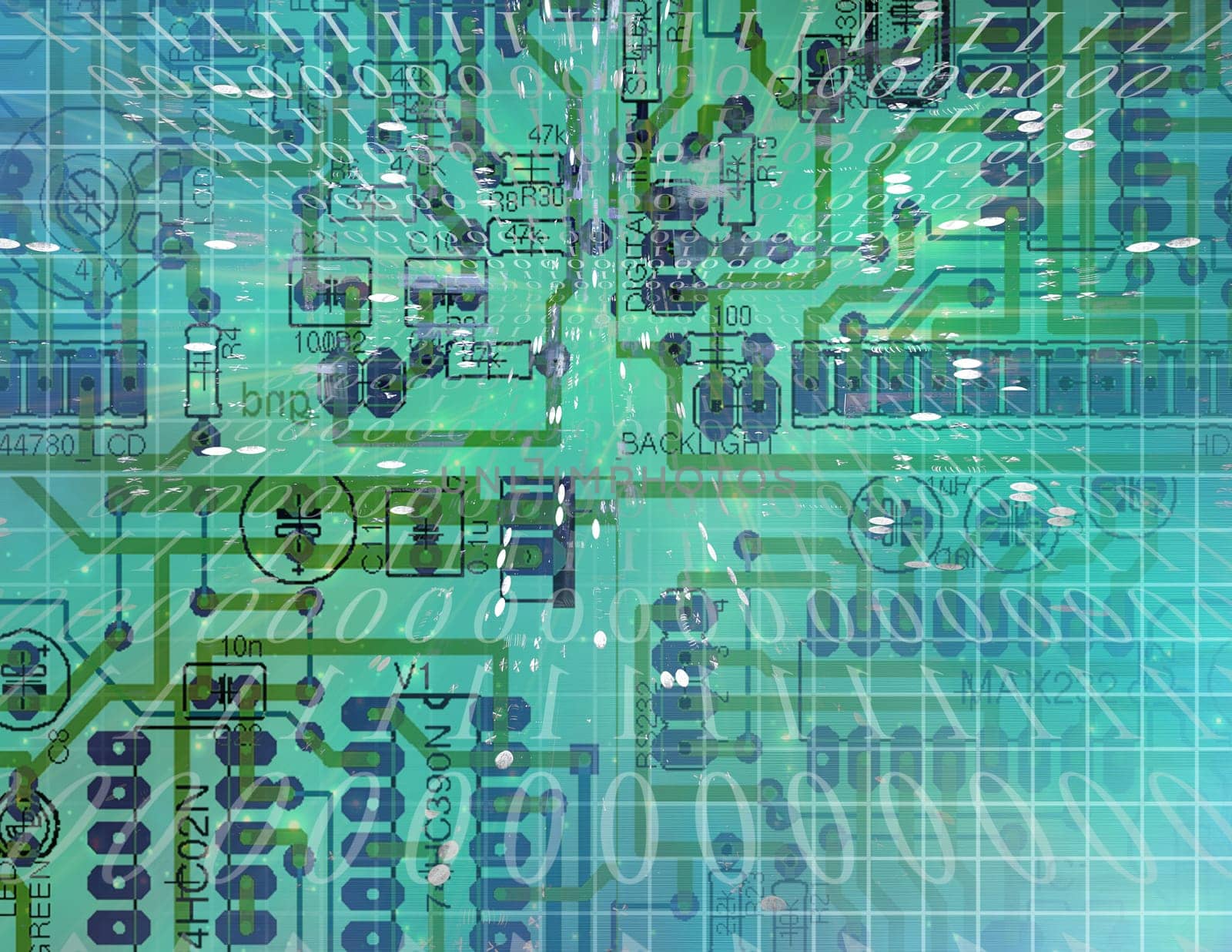 Circuit Technology. Green mainboard and binary code