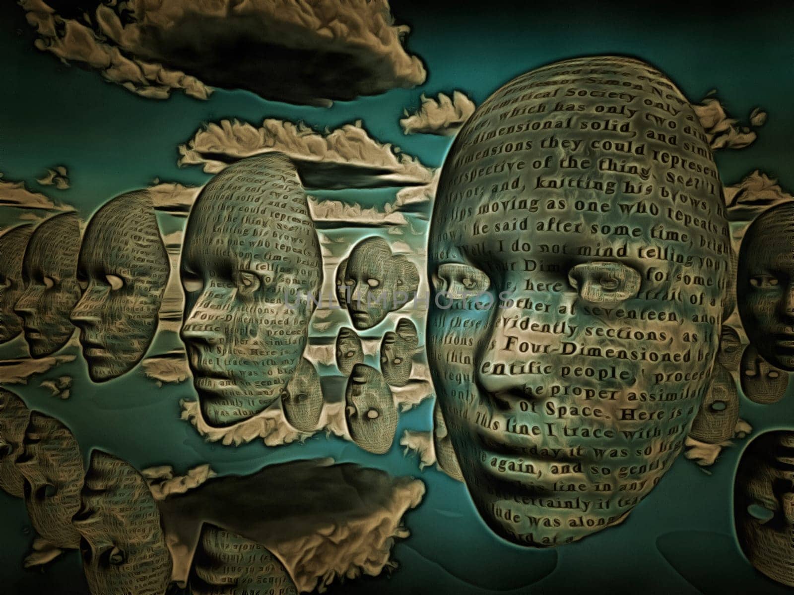 Surreal painting. Masks hovers in the sky. Words.