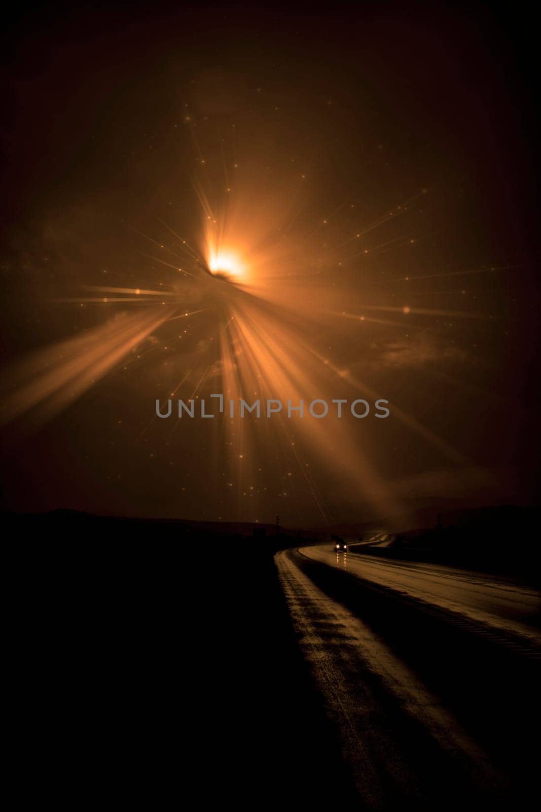 Single car travels on dark road. Bright star in the night sky