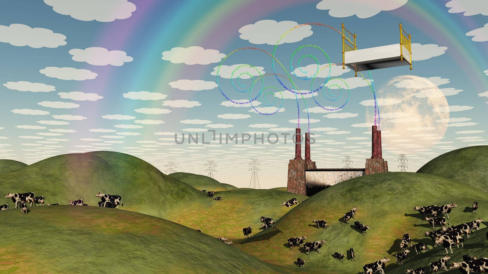 Bed in fantasy landscape. Cows grazes in the field
