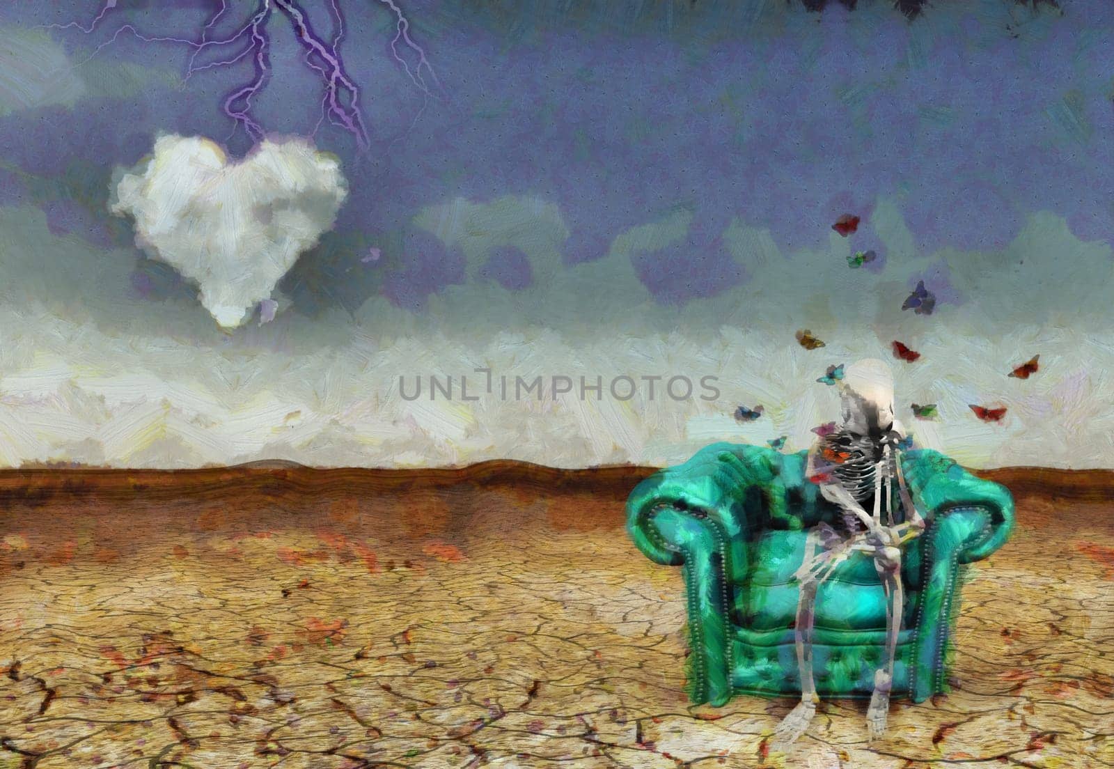 Surreal scene. Alien skeleton sits on armchair