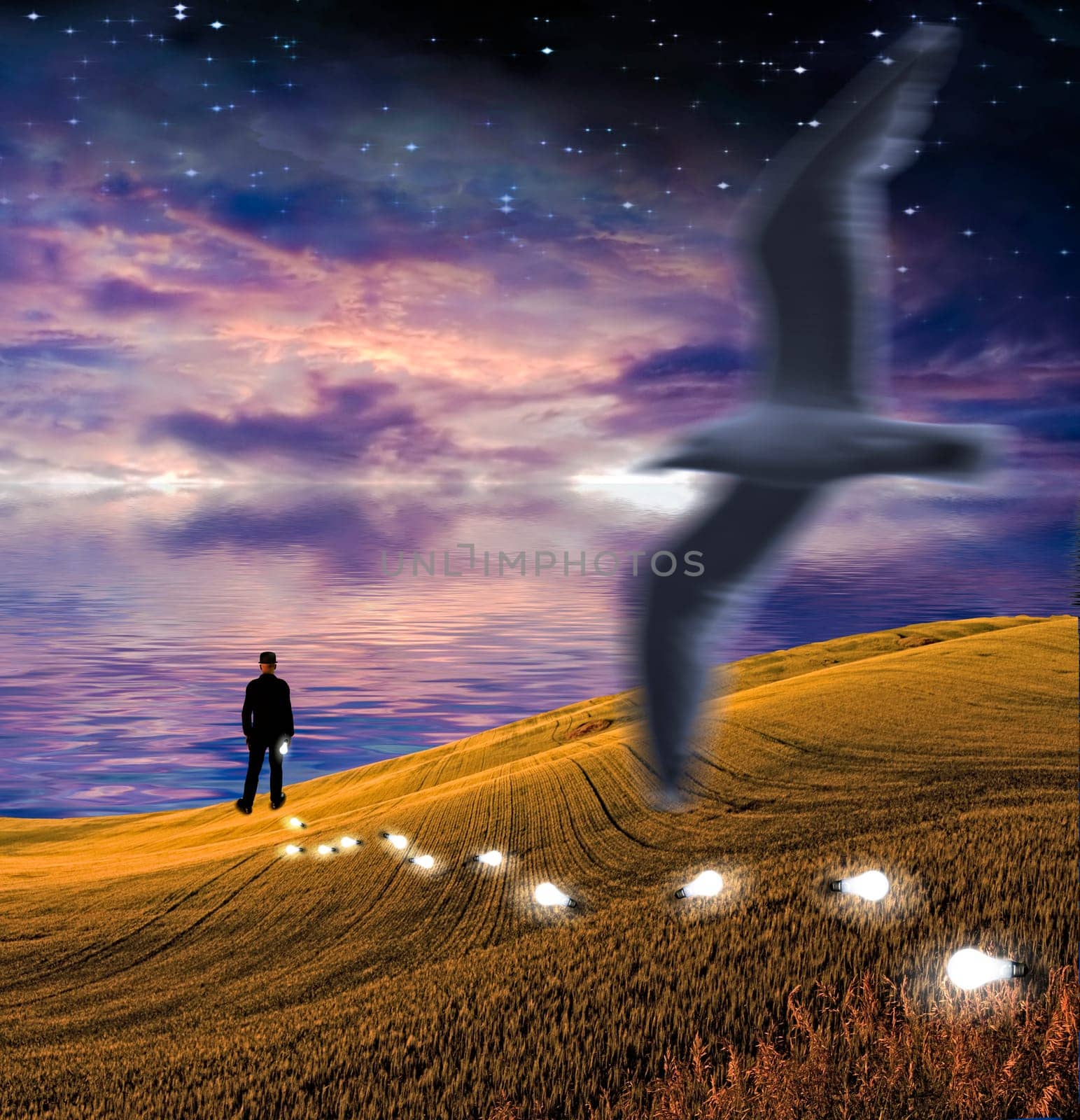 Surreal Landscape. Man in suit. Lightbulbs symbolizes ideas
