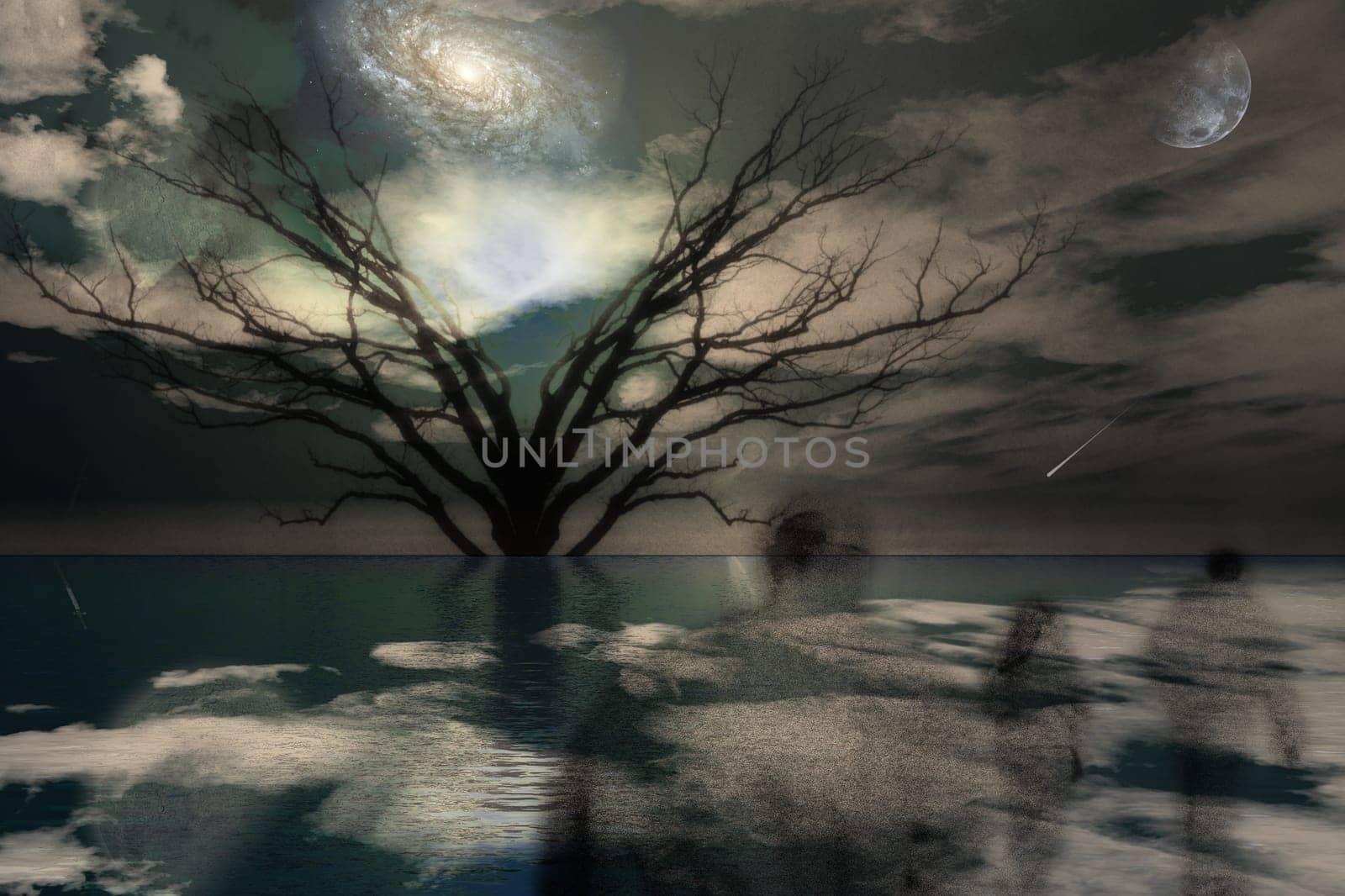 Ghostlike figures journey in landscape