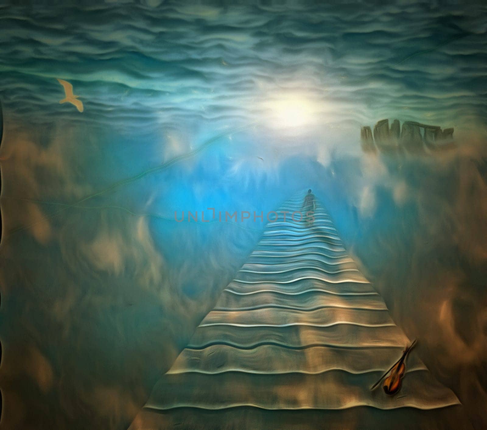 Surreal painting. Man on a sky road walks to bright light. Violin, Stonehenge.