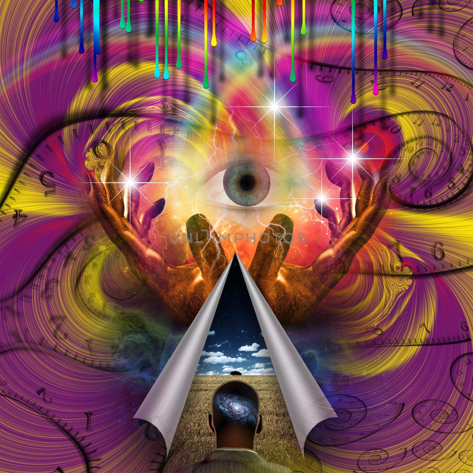 Trip. Psychedelic Abstract. Eye of God. Hands of prayer