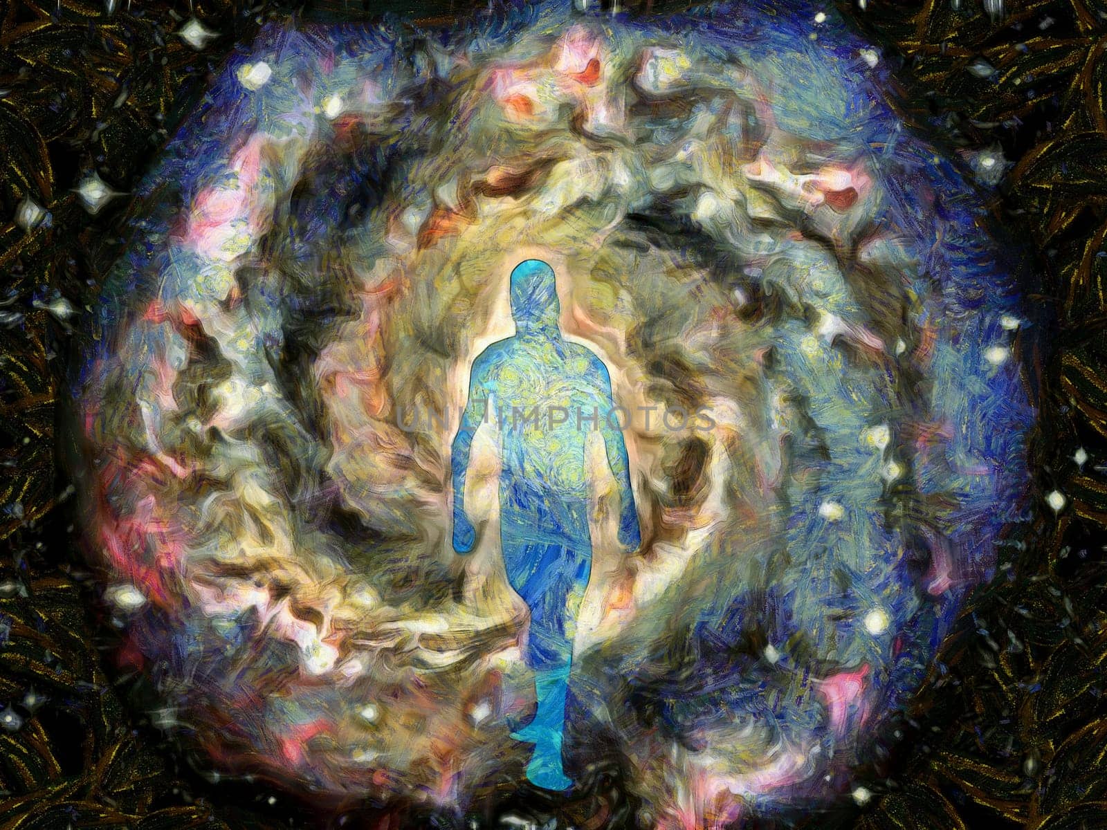 Soul. Abstract painting. Man's silhouette in vortex of light.