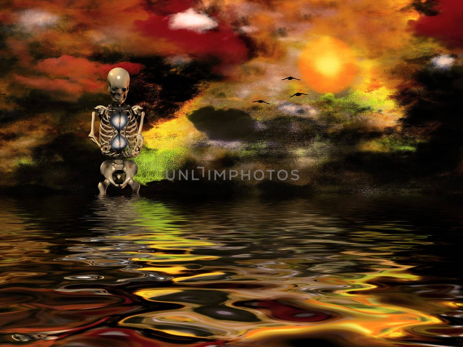 Death. Surreal painting. Vivid sunset over water. Skeleton.