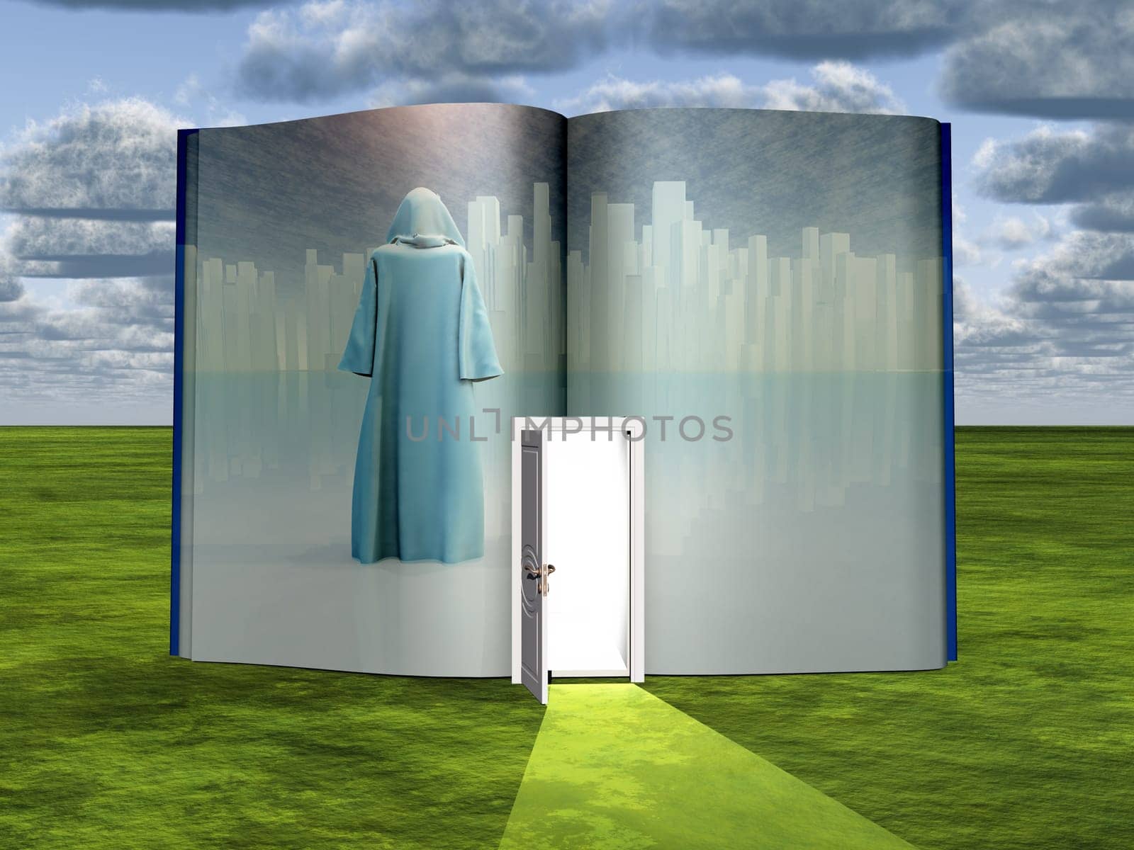 White city traveler. Book with science fiction scene and open doorway of light