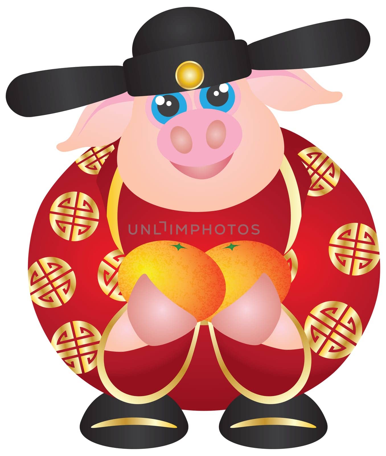 2019 Happy Chinese Lunar New Year of the Pig Prosperity Money God Holding Mandarin Oranges Illustration Isolated on White Background