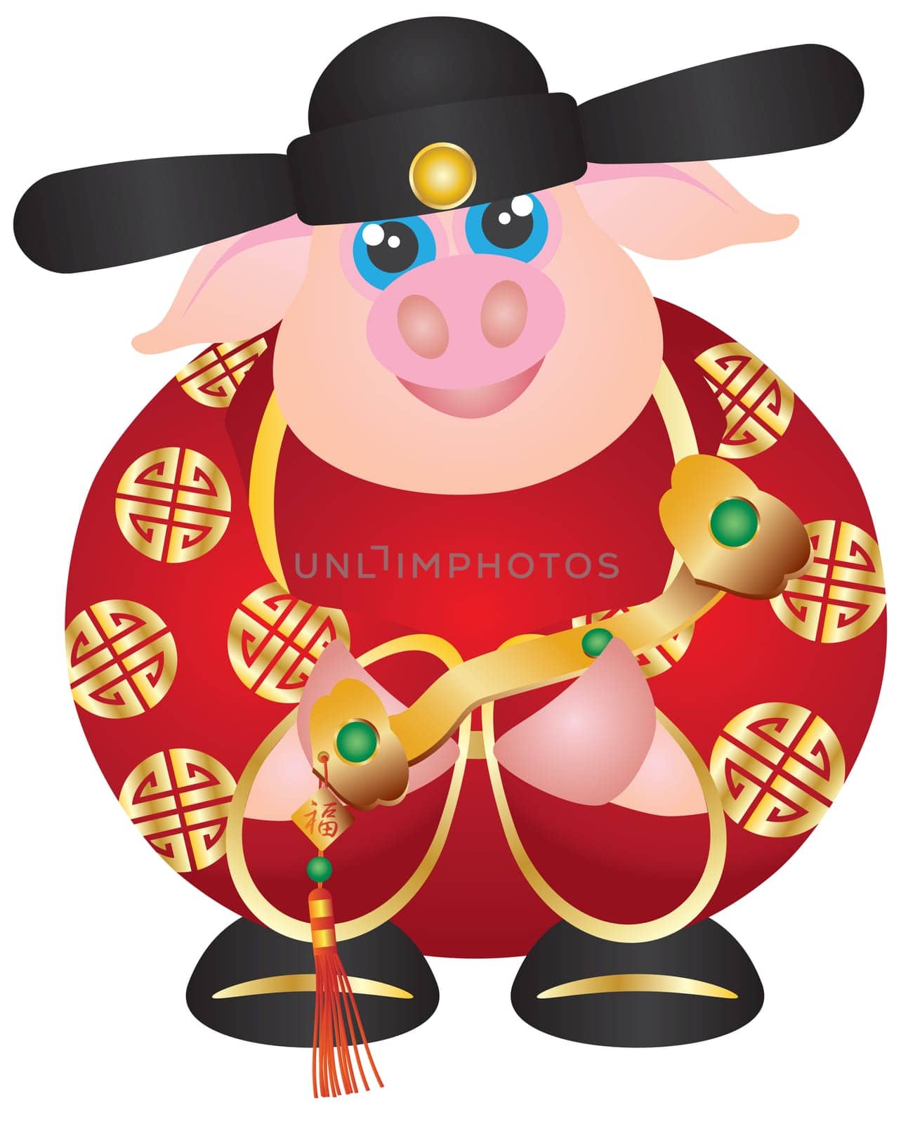 2019 Happy Chinese Lunar New Year of the Pig Prosperity Money God Holding Ruyi Scepter with Prosperity Text Illustration on White Background