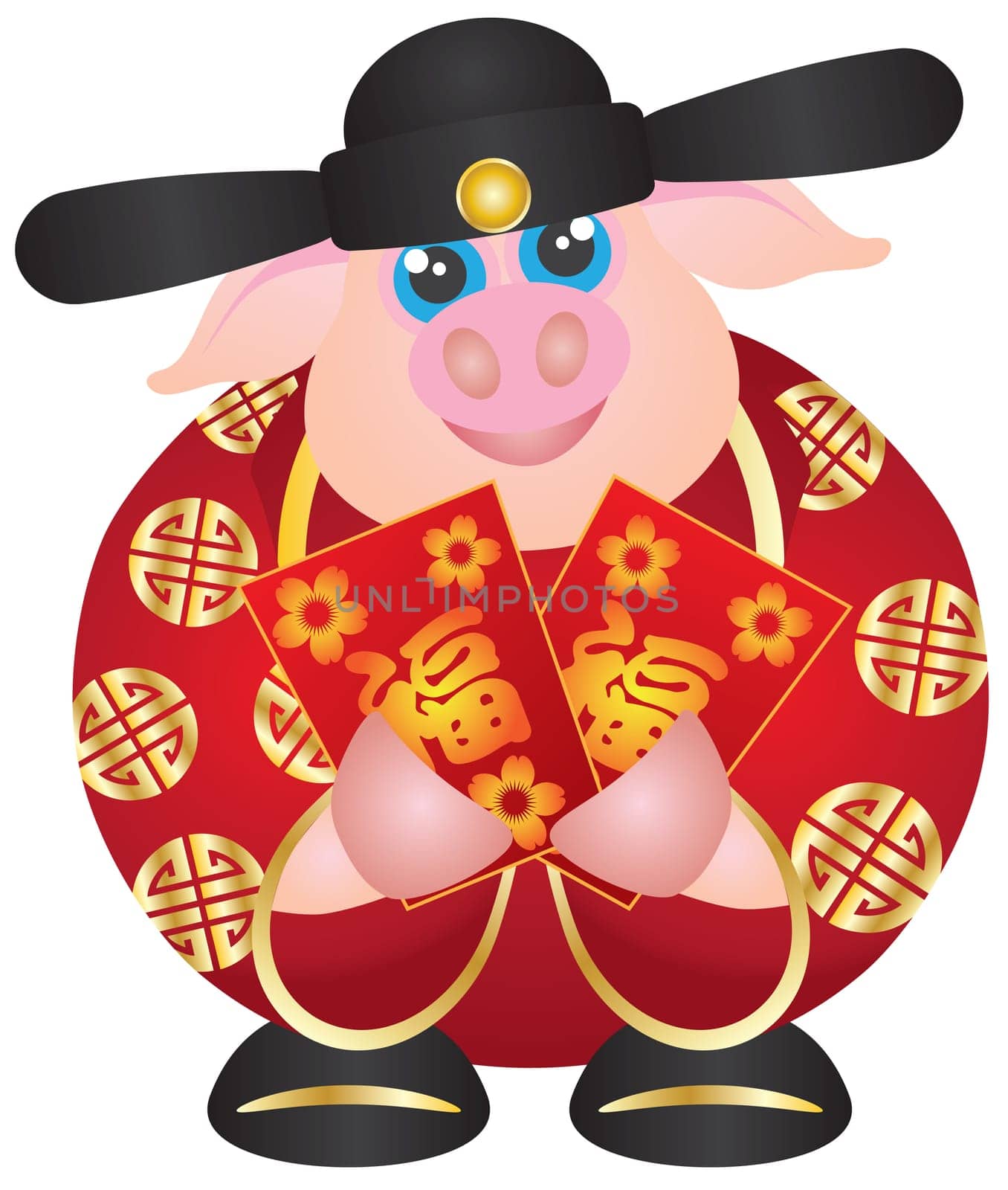 2019 Happy Chinese Lunar New Year of the Pig Prosperity Money God Holding Red Money Packet with Prosperity Text Illustration on White Background