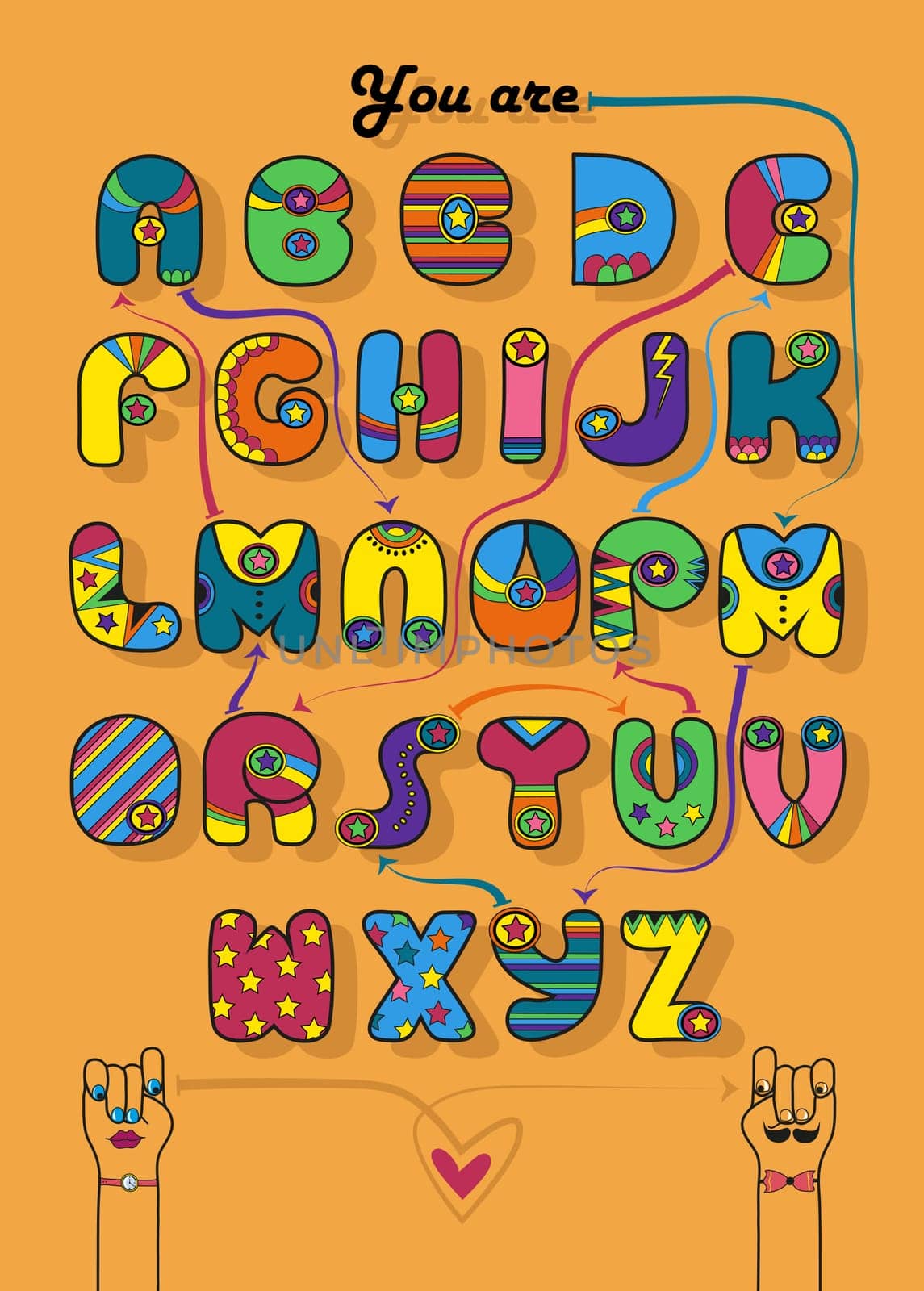 Artistic alphabet with encrypted romantic message We make a good team. Cartoon orange letters with bright decor. Funny hands looking at each other. Inscriptions - Decipher the message and Start here. Illustration