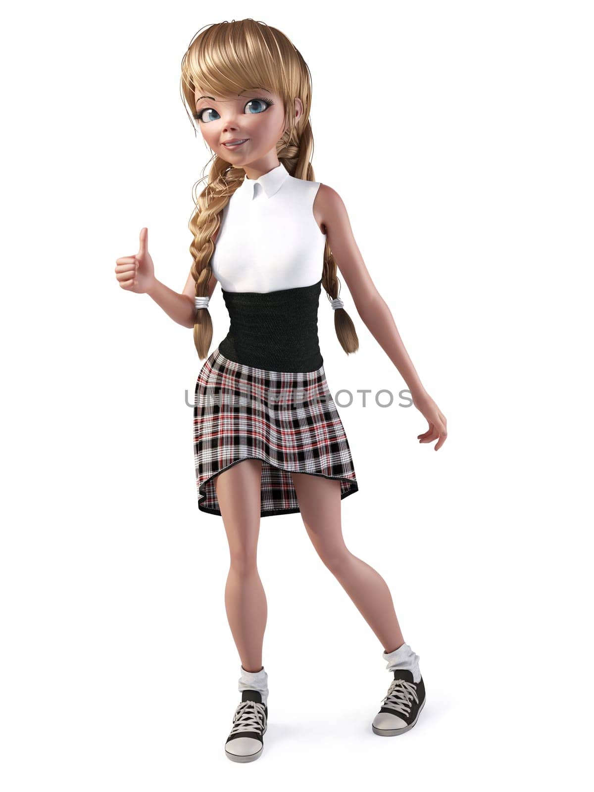 3D rendering of a cute smiling teenage cartoon girl doing a thumbs up. White background.