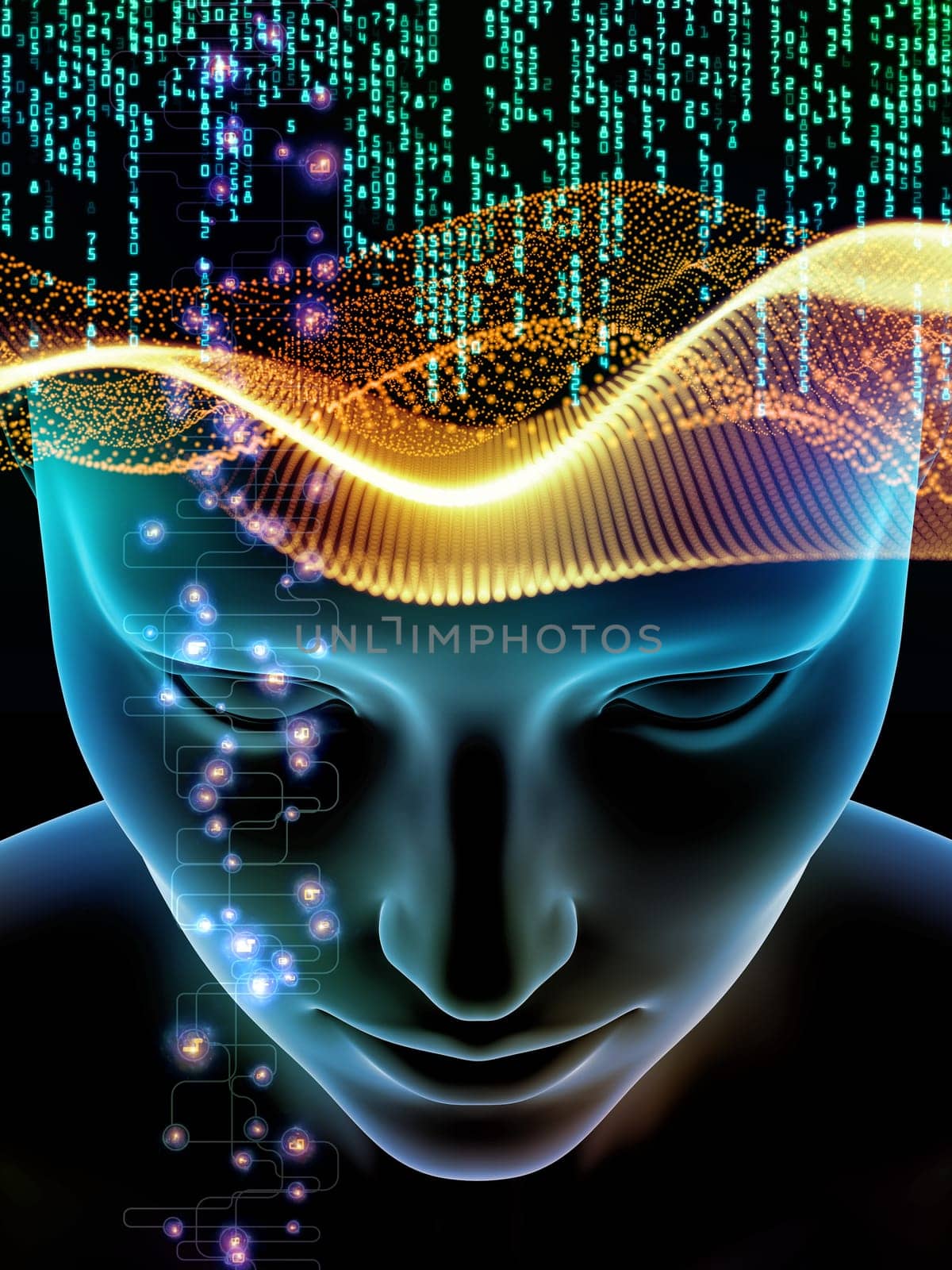 Elements of Mind series. 3D illustration of human head and symbols of technology on the subject of  science, education and powers of the mind