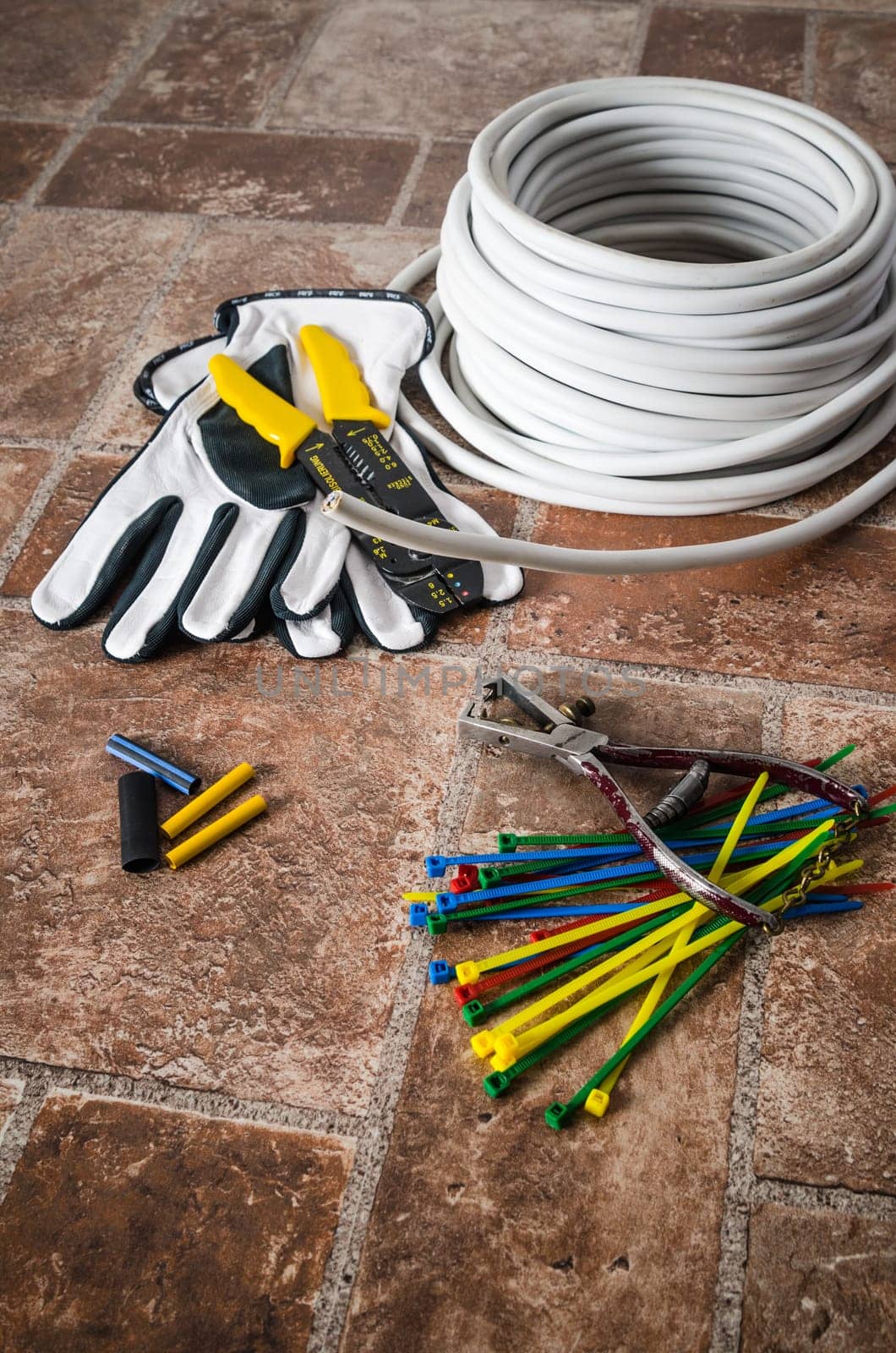 Tools for electricians crimpers and accessories, close-up