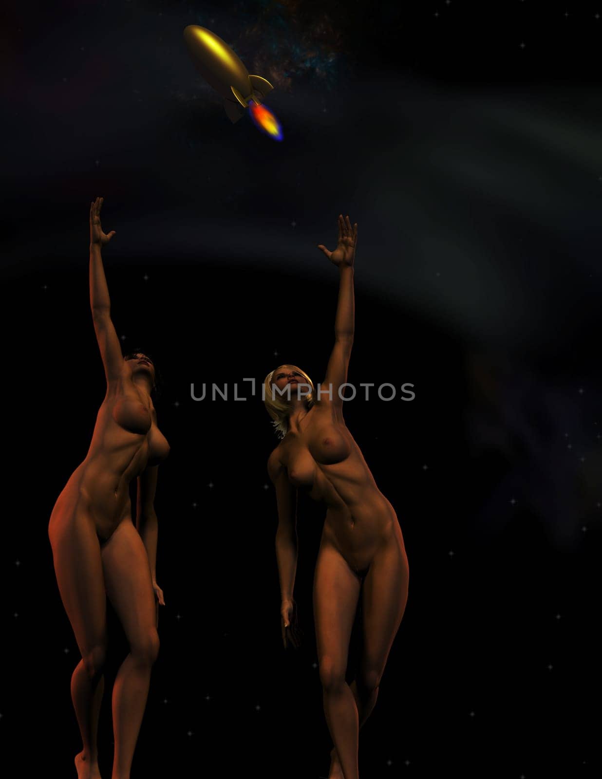 Naked girls ascending to the stars, retro rocket in the sky
