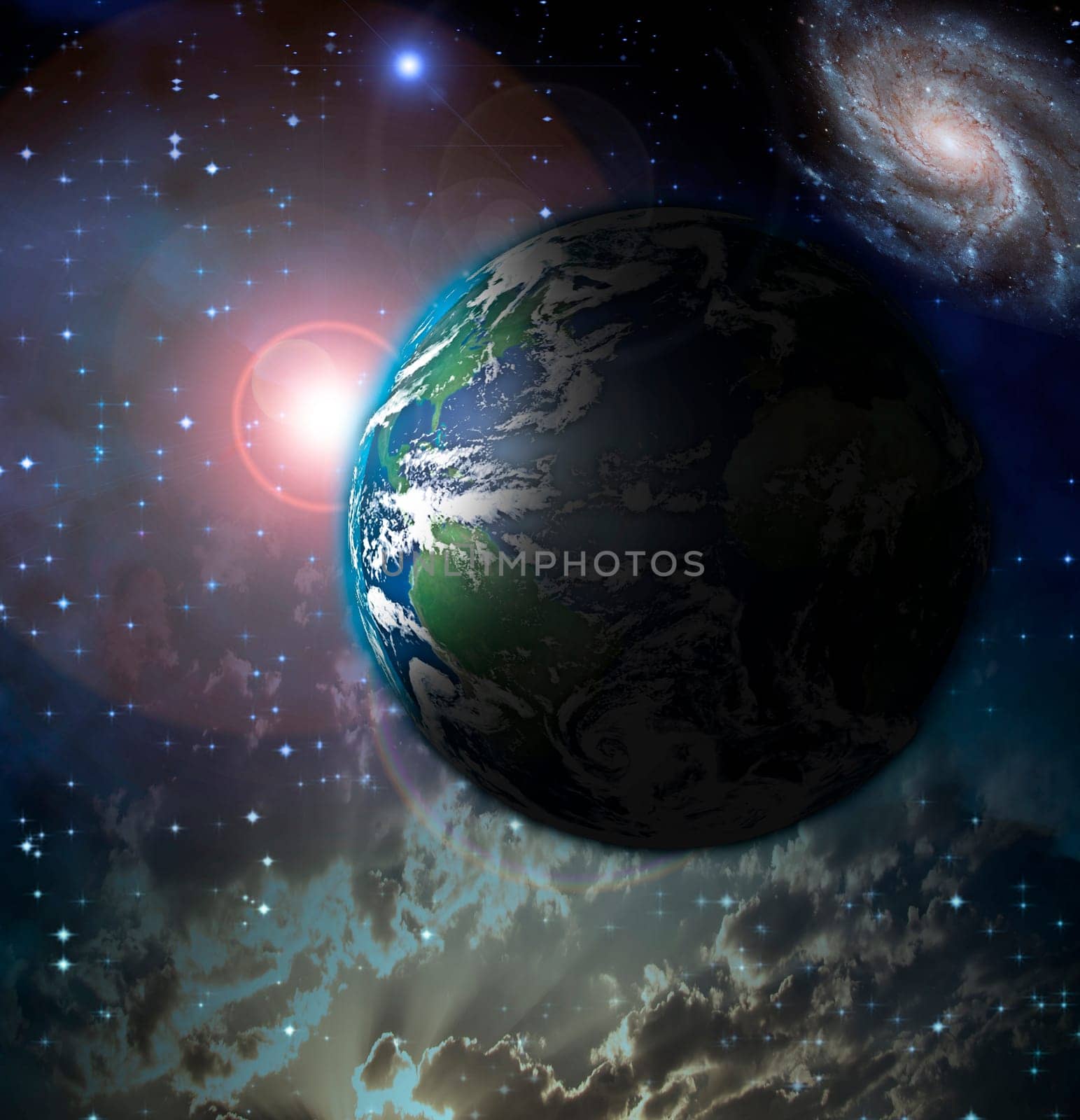 Sun rise over Planet Earth in space