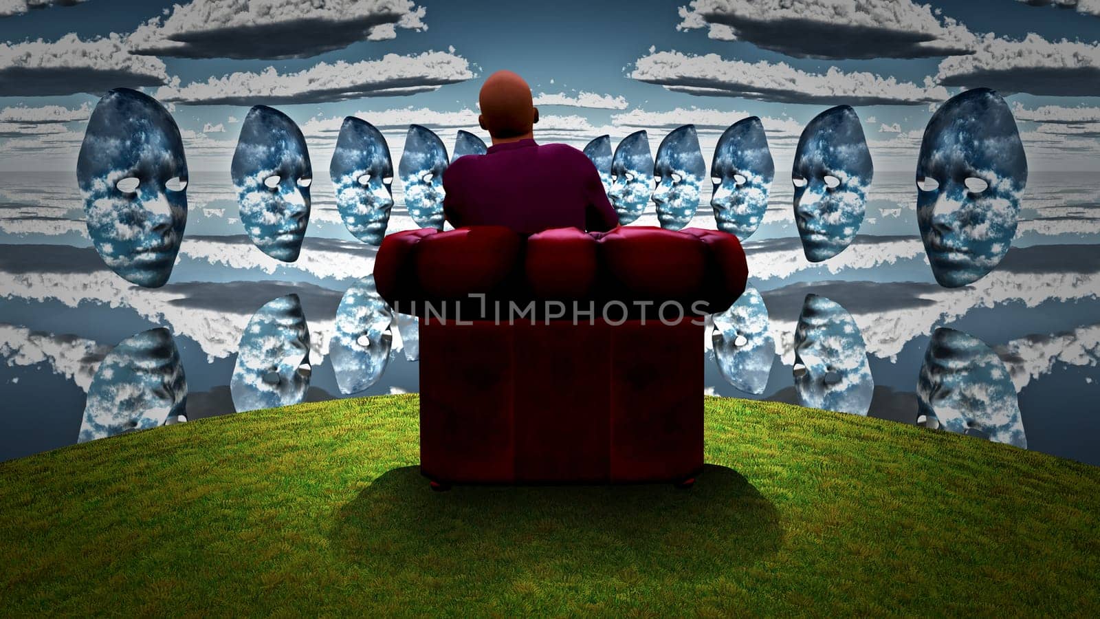 Surreal composition. Man sits in red armchair and observes women`s masks with clouds pattern.