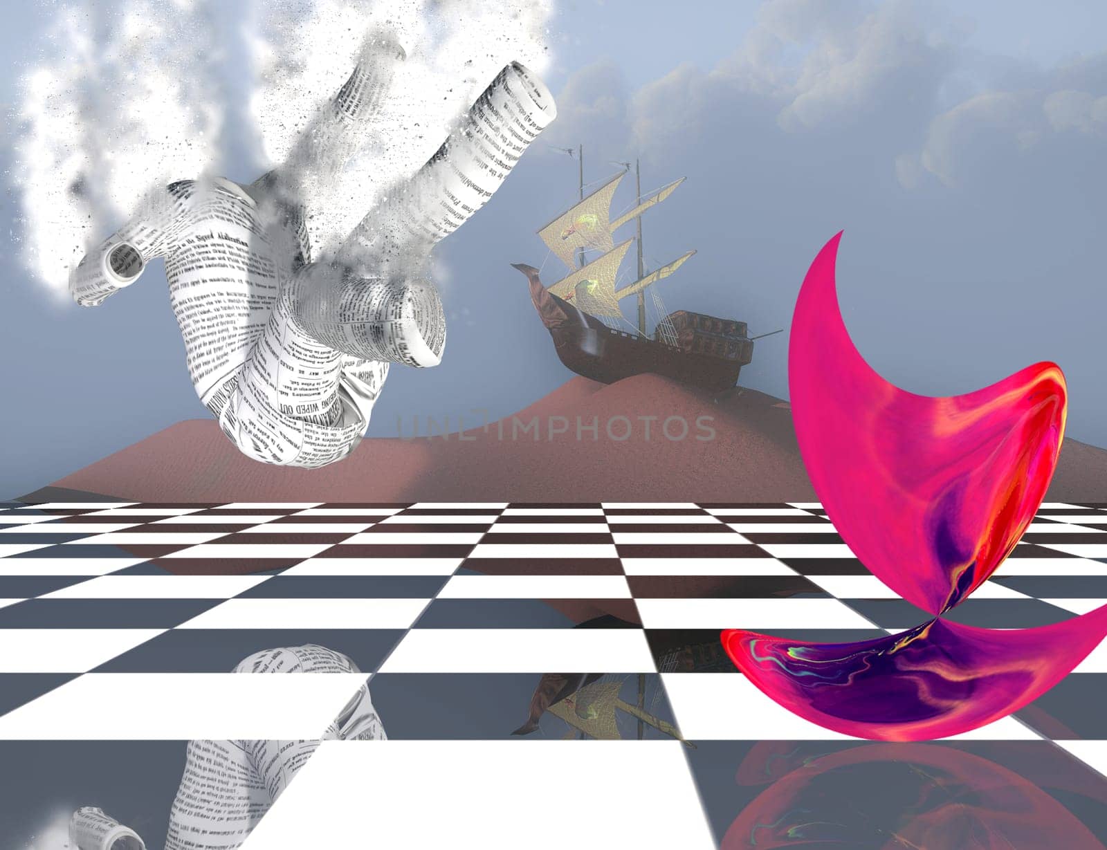 Surreal composition. Pink matter on chessboard, ancient ship on sand dune and falling paper man