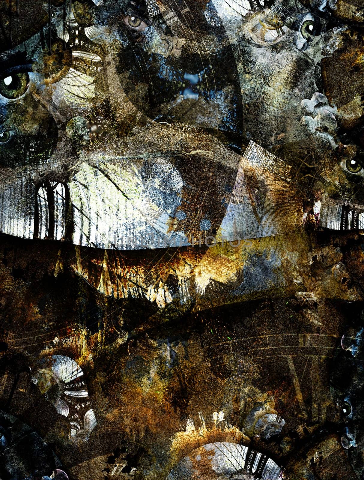 Grunge Dark Textured Manhattan Bridge Abstract. Clock face and eyes. 3D rendering