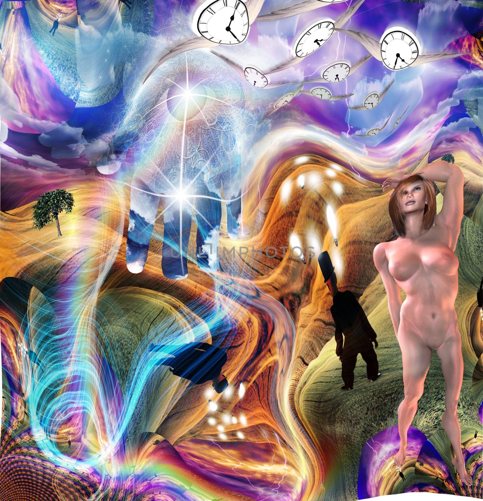 Complex abstract painting. Thinking man. Naked woman. Winged clocks represents flow of time.