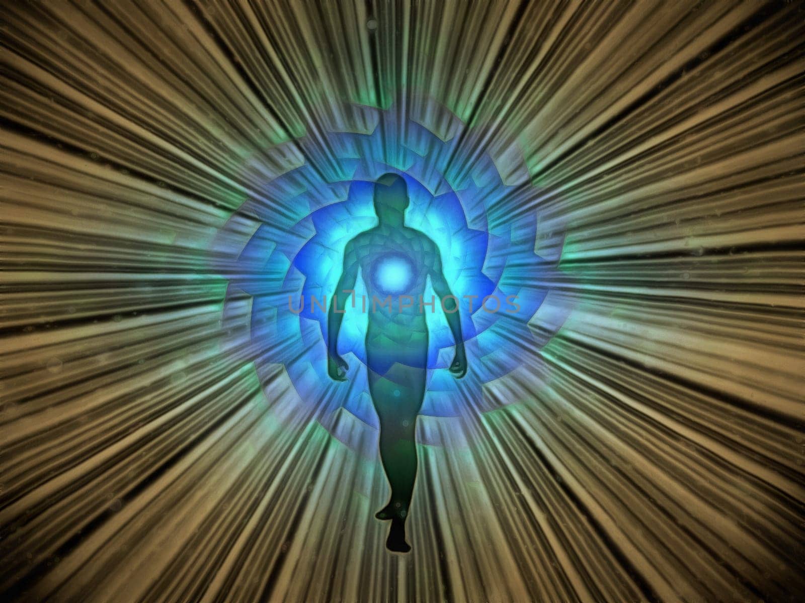Man's silhouette with rays of light.