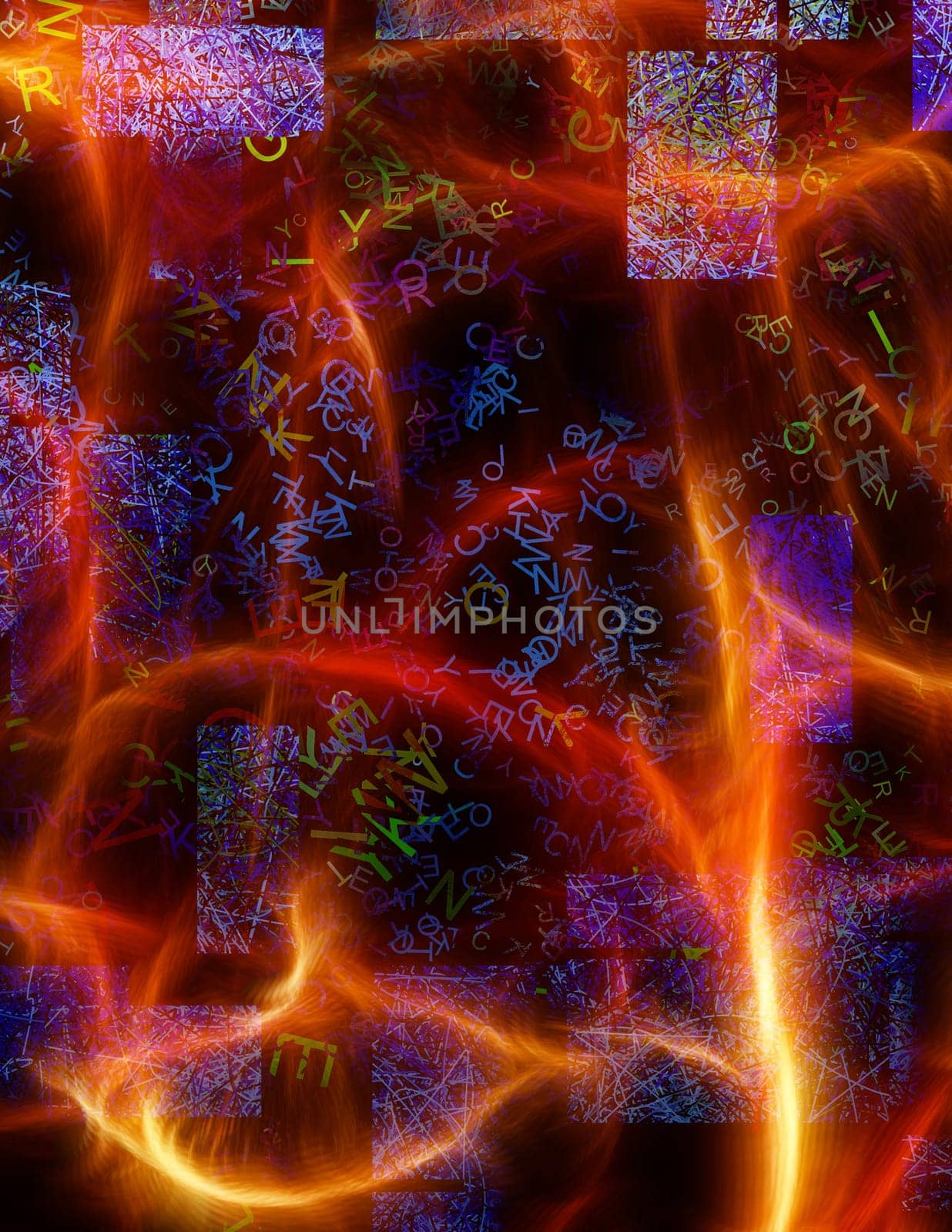 Swirling glowing lines like a flames. Letters on background