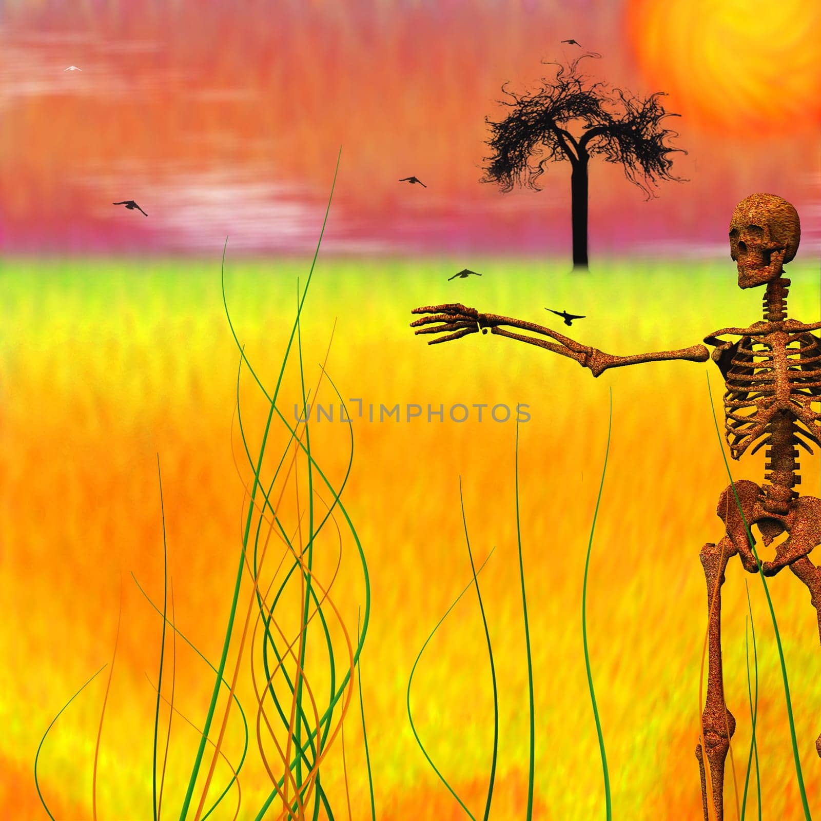 Surreal composition. Rusted skeleton, leafless tree