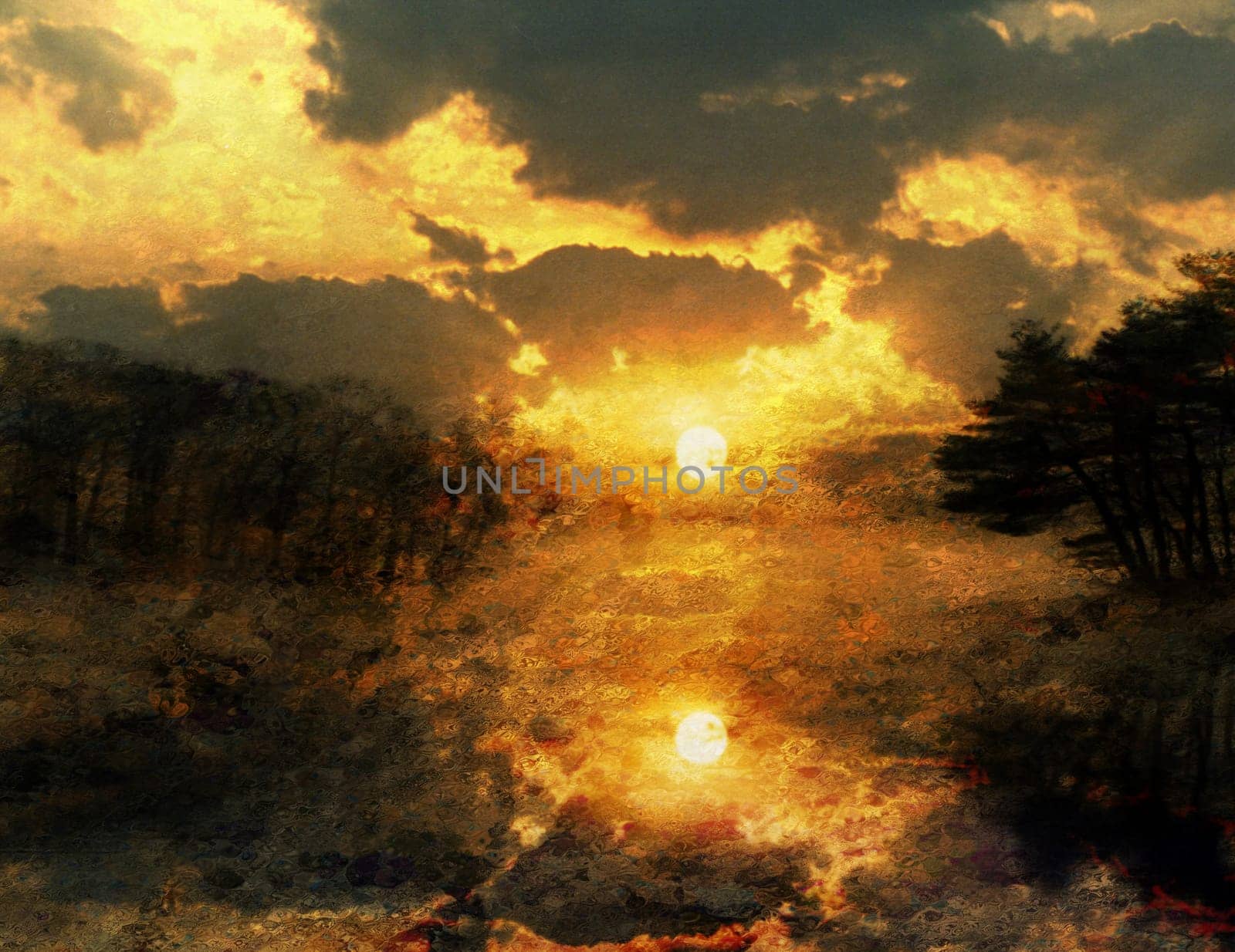 Orange sunset. Forest lake