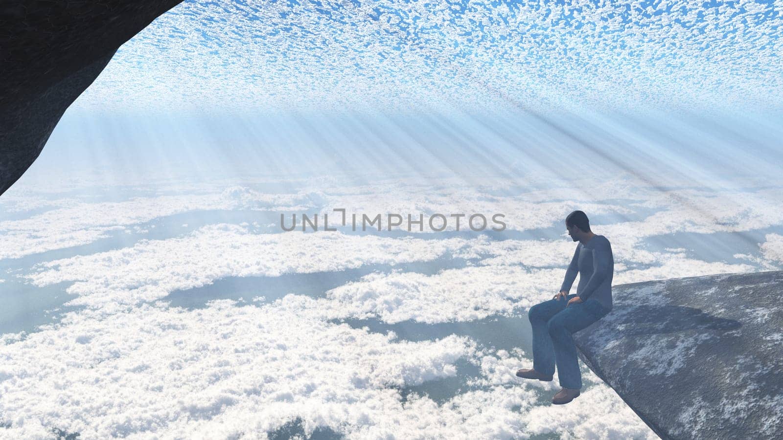 Man sits on the edge of cliff.