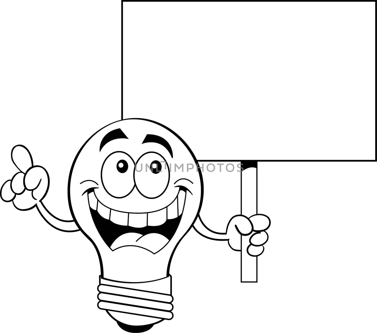 Black and white illustration of a light bulb holding a sign.