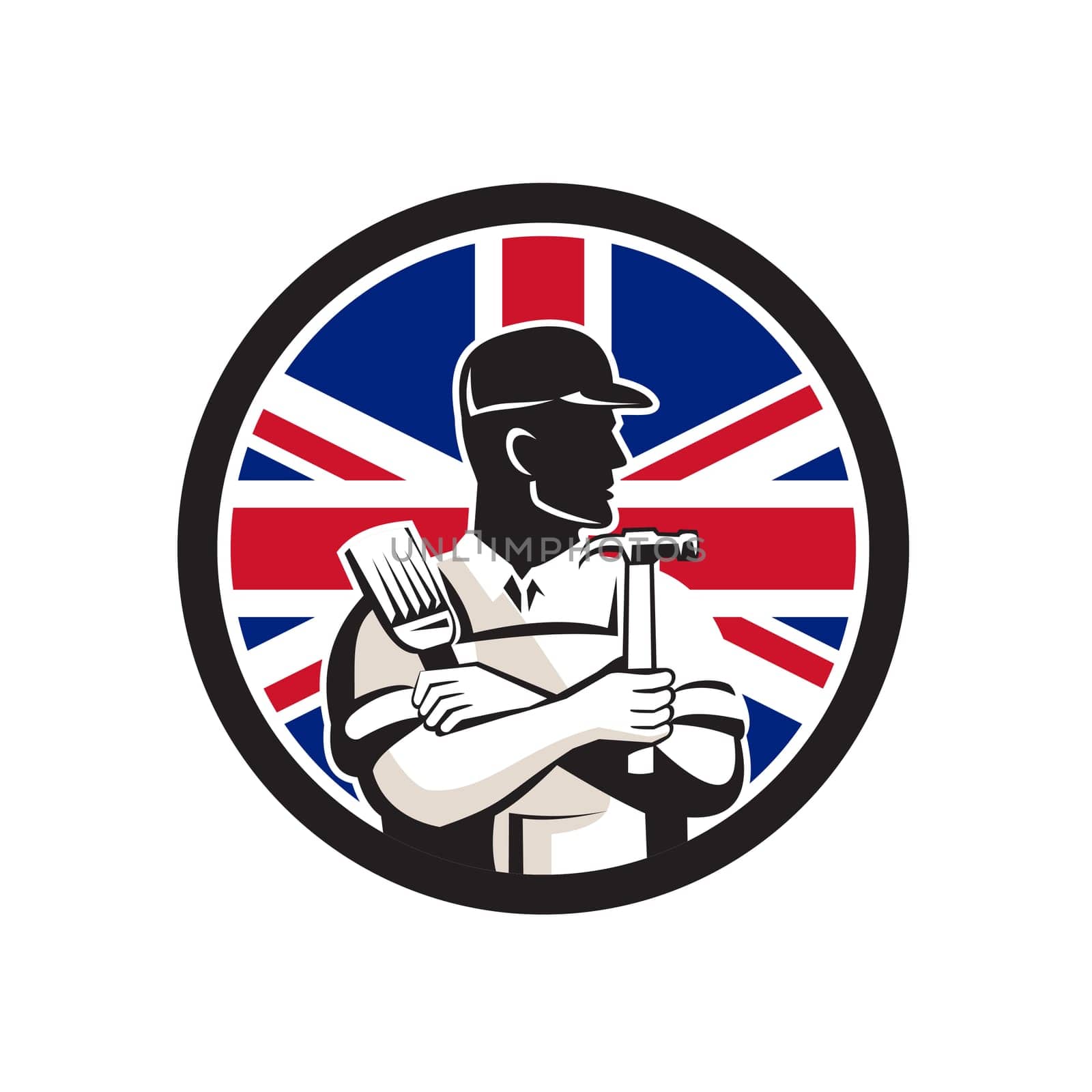 Icon retro style illustration of a British  DIY Expert, handyman, carpenter, DIYer or renovator with tools with United Kingdom UK, Great Britain Union Jack flag set inside circle on isolated background.