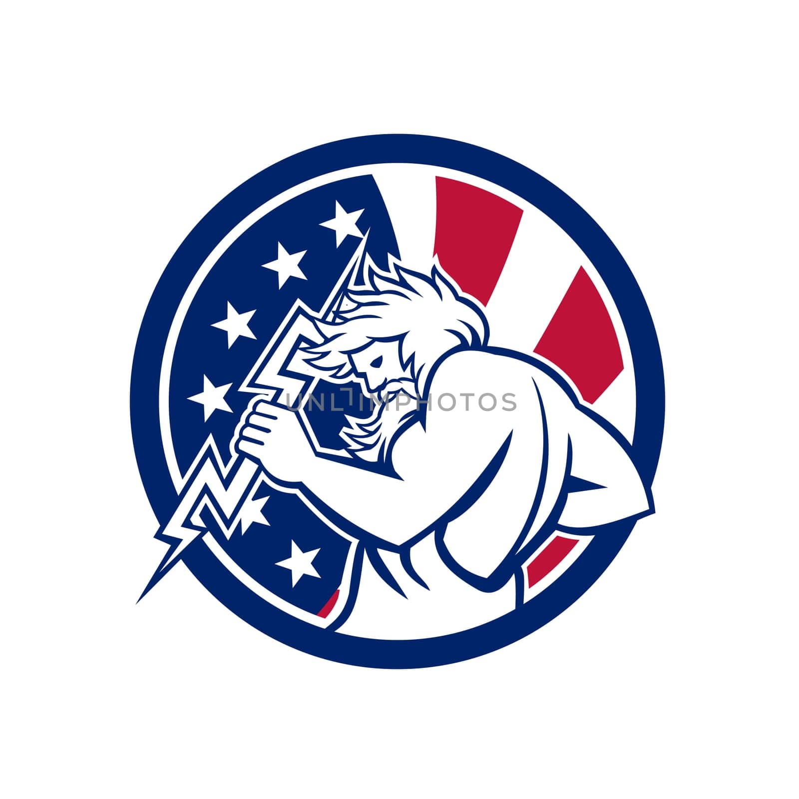 Icon retro style illustration of Greek god Zeus, god of sky and thunder holding thunderbolt with United States of America USA star spangled banner stars and stripes flag in circle isolated background...