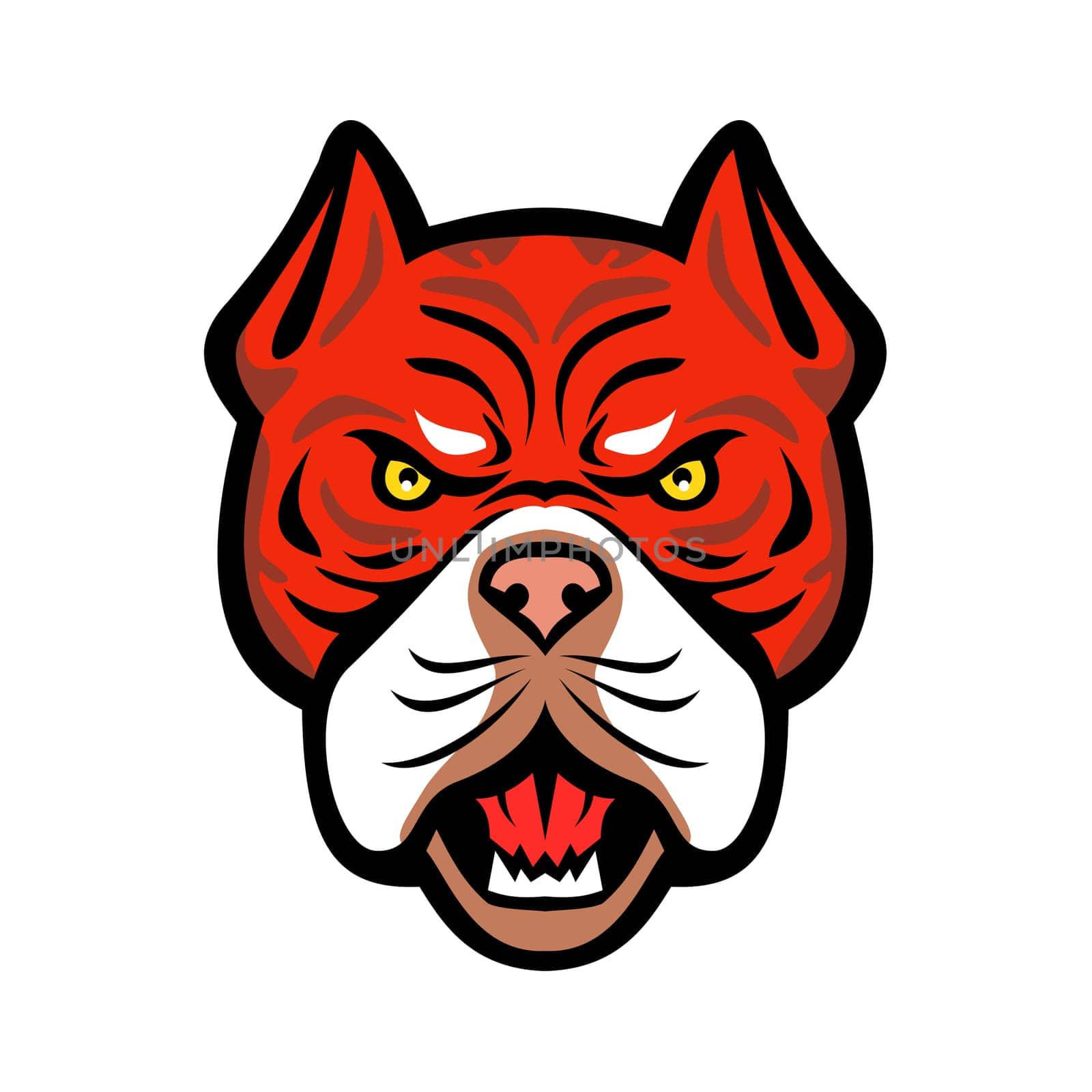 Mascot icon illustration of head of an angry Red Tiger Bulldog, an American dog breed with red nose viewed from front on isolated background in retro style.