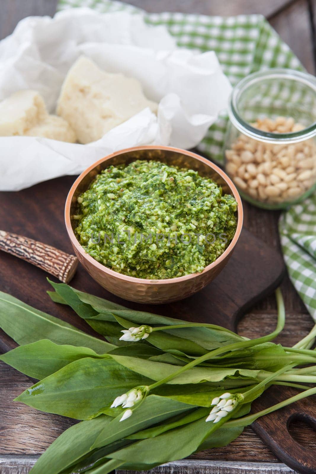 Homemade pesto with fresh baerlauch and Parmesan cheese