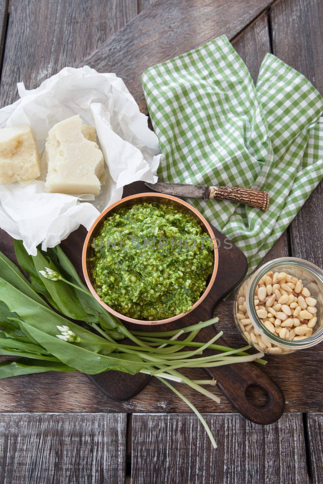 Homemade pesto with fresh baerlauch and Parmesan cheese